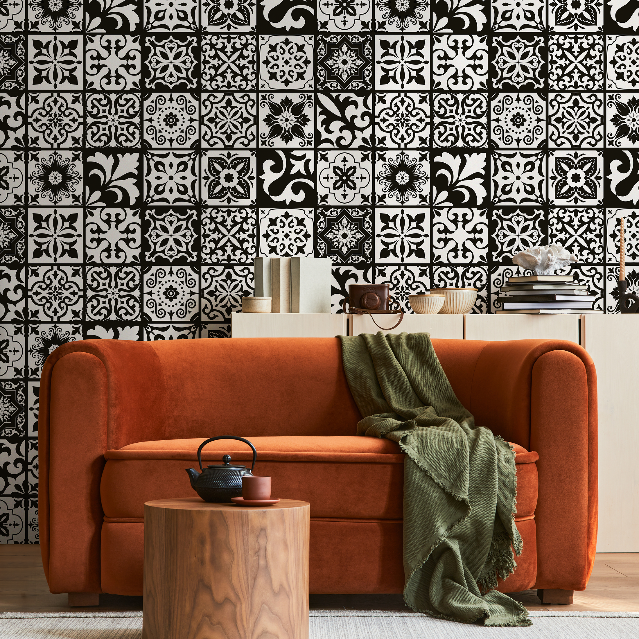 Tile Wallpaper With Ornamental Patterns In Black And White - B759
