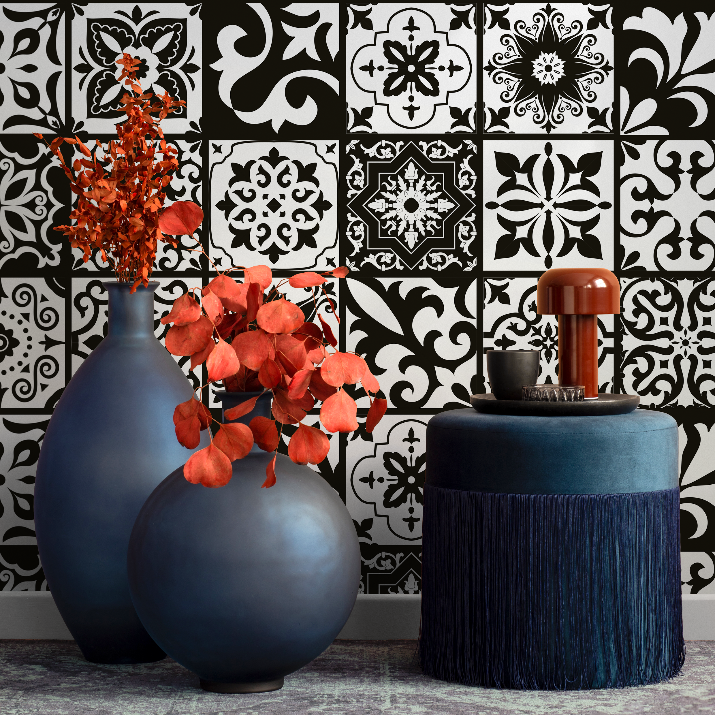 Tile Wallpaper With Ornamental Patterns In Black And White - B759