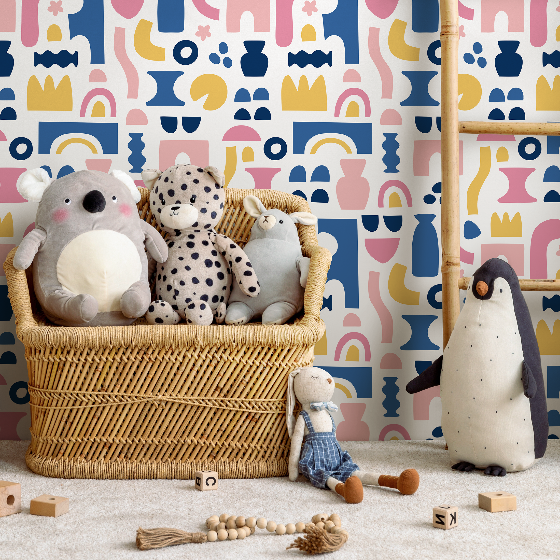 Abstract Wallpaper With Bold Cut-out Shapes In Blue, Pink, And Yellow - B760