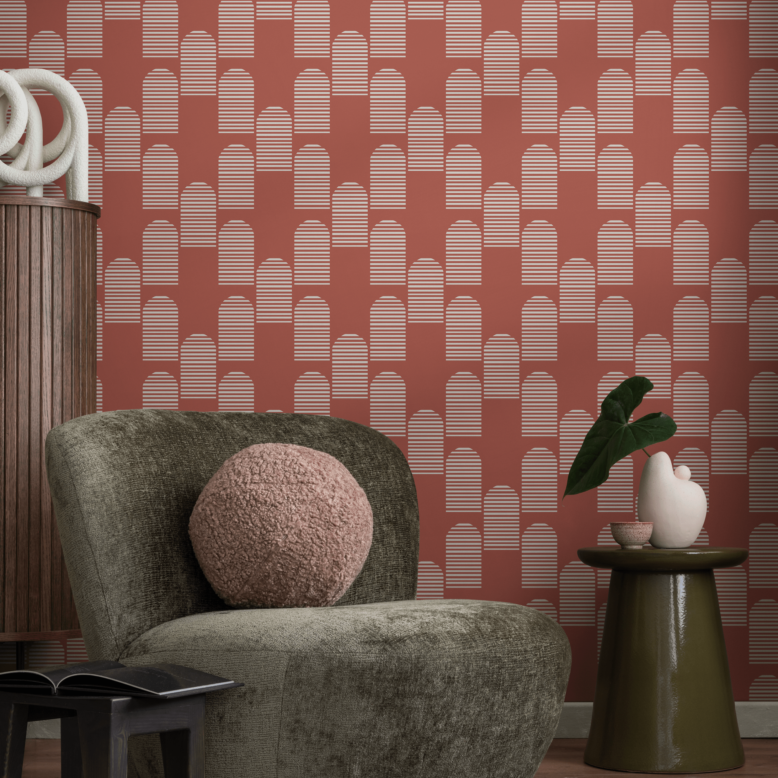 Geometric Wallpaper With A Striped Arch Motif In Terracotta And White - B761