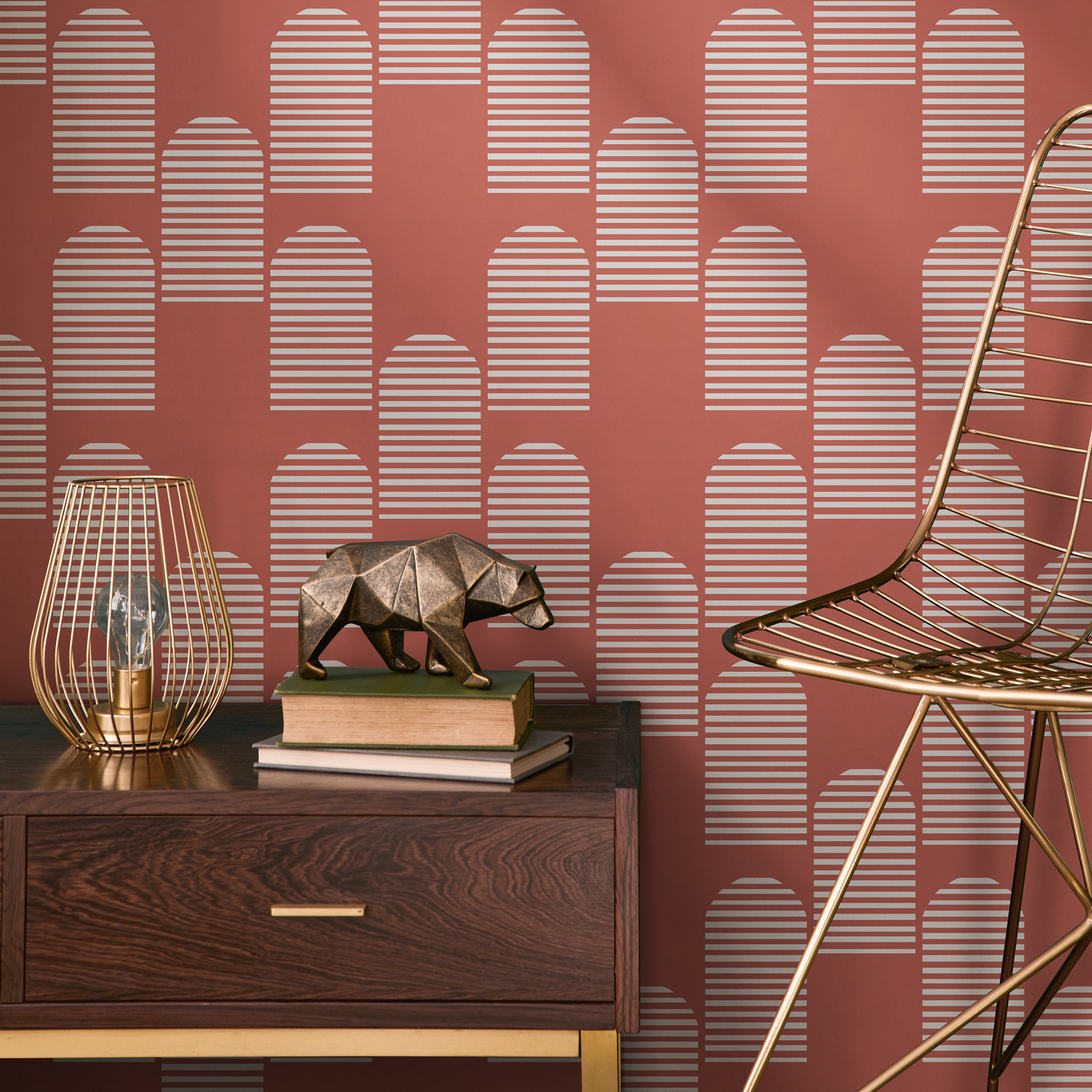 Geometric Wallpaper With A Striped Arch Motif In Terracotta And White - B761