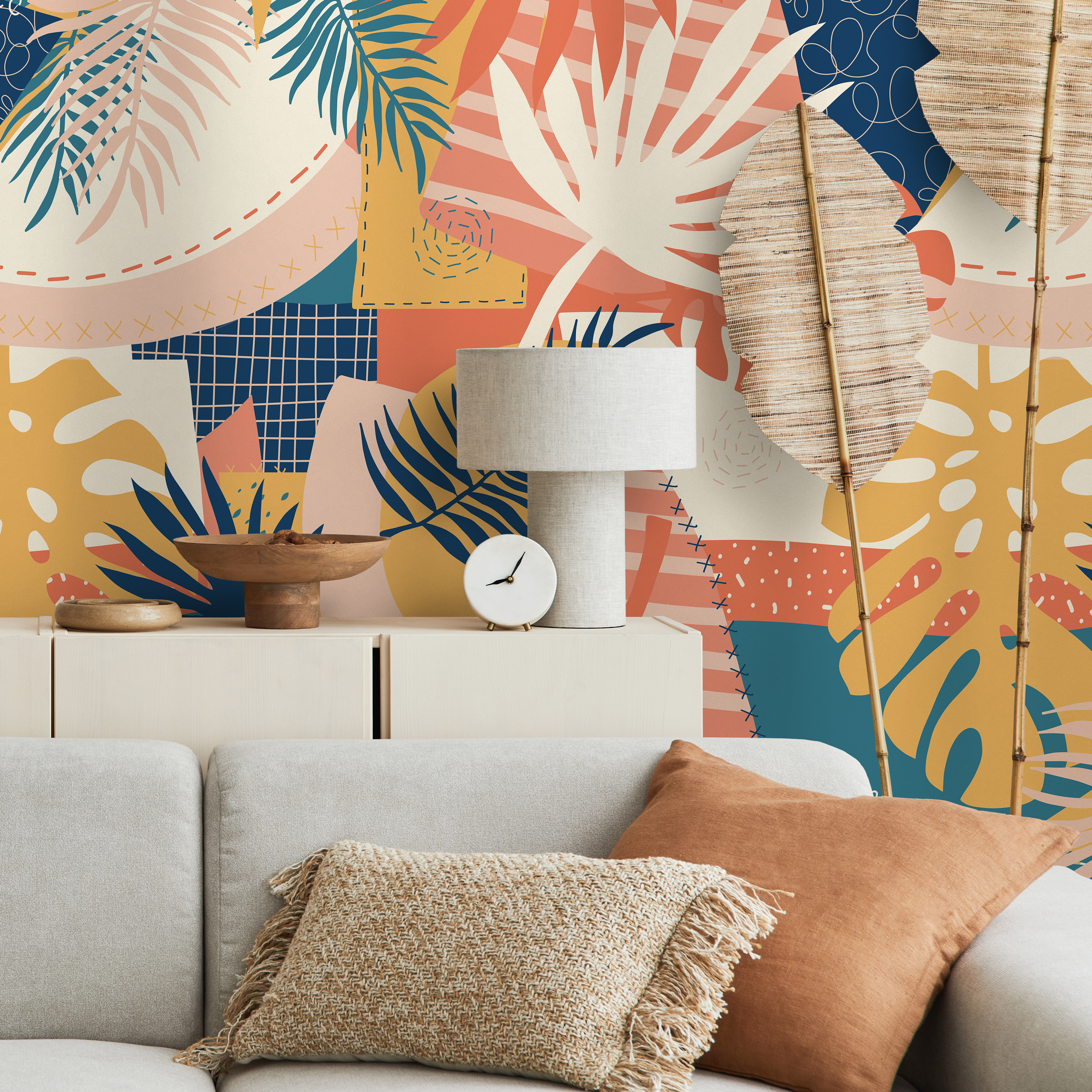 Abstract Wallpaper With A Tropical Leaf Patchwork In Blue, Yellow, And Orange - B763