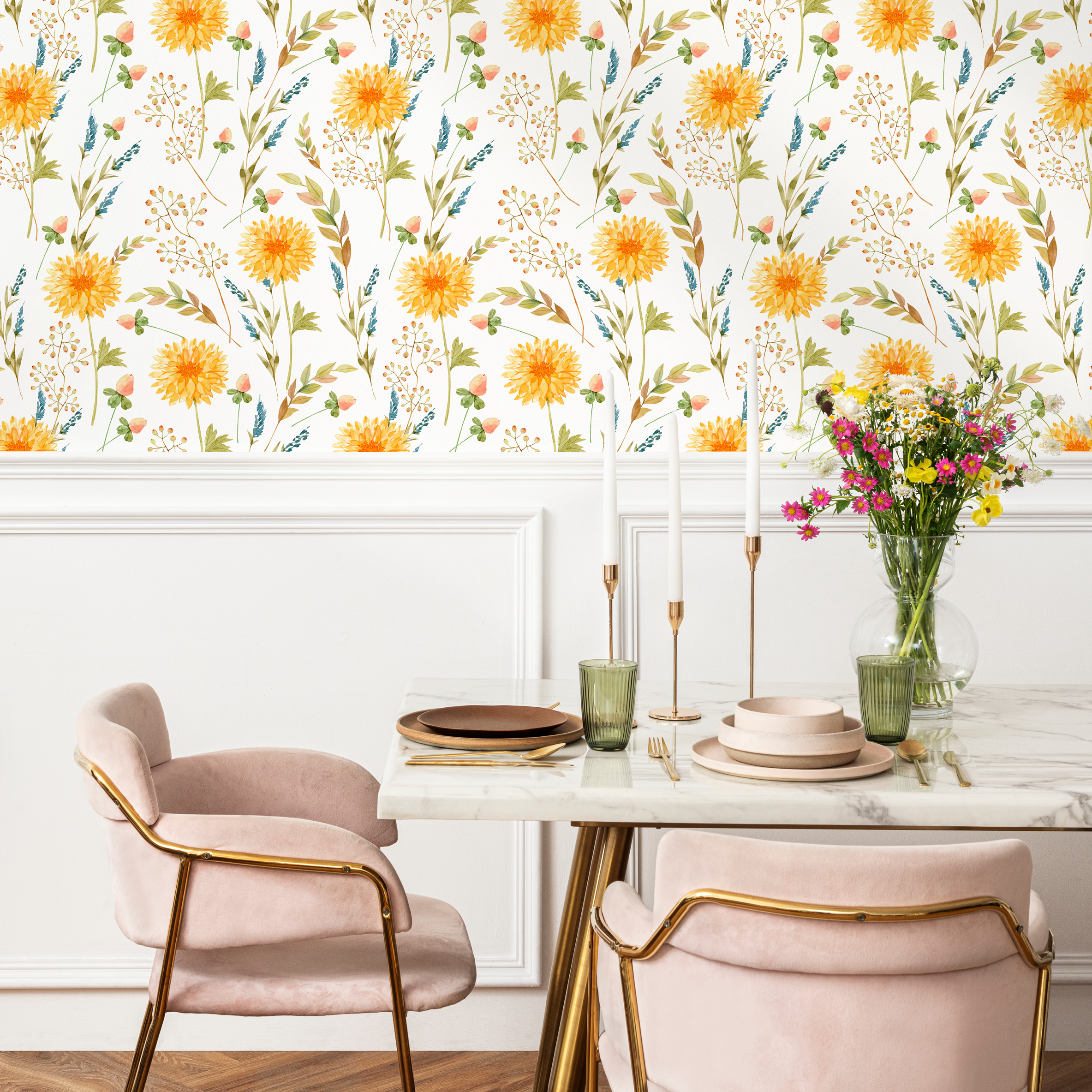 Floral Wallpaper With Watercolor Chrysanthemums In Yellow, Blue, And Green - B764