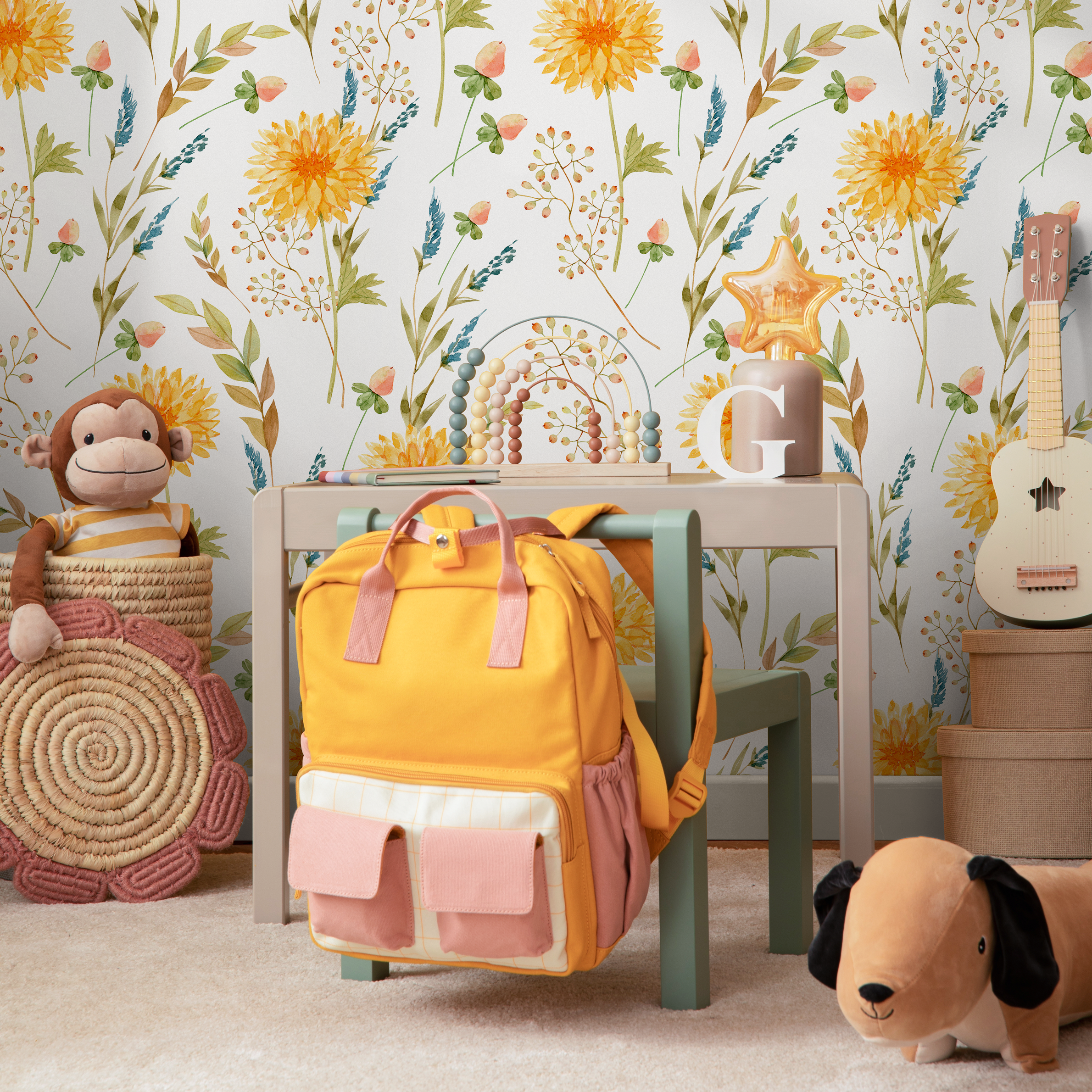 Floral Wallpaper With Watercolor Chrysanthemums In Yellow, Blue, And Green - B764