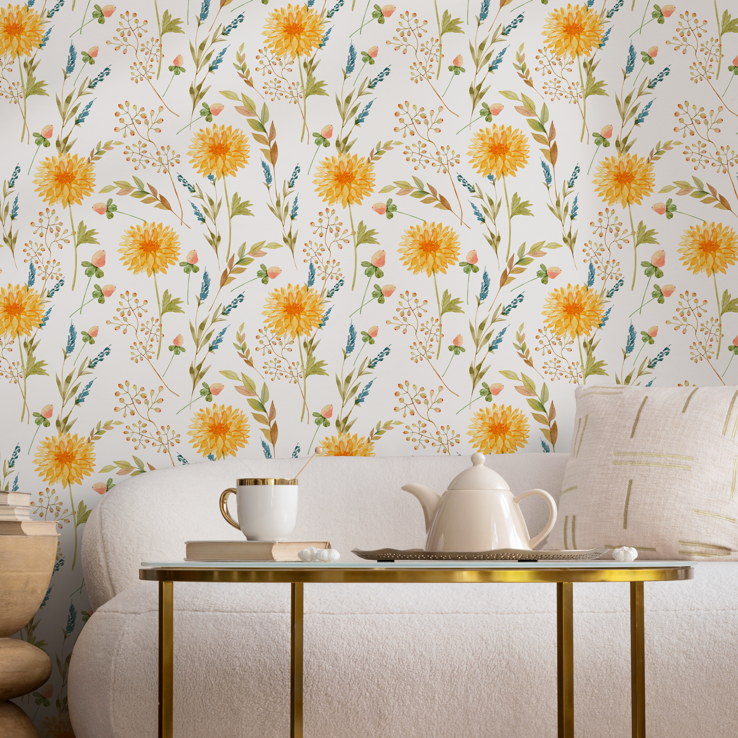 Floral Wallpaper With Watercolor Chrysanthemums In Yellow, Blue, And Green - B764