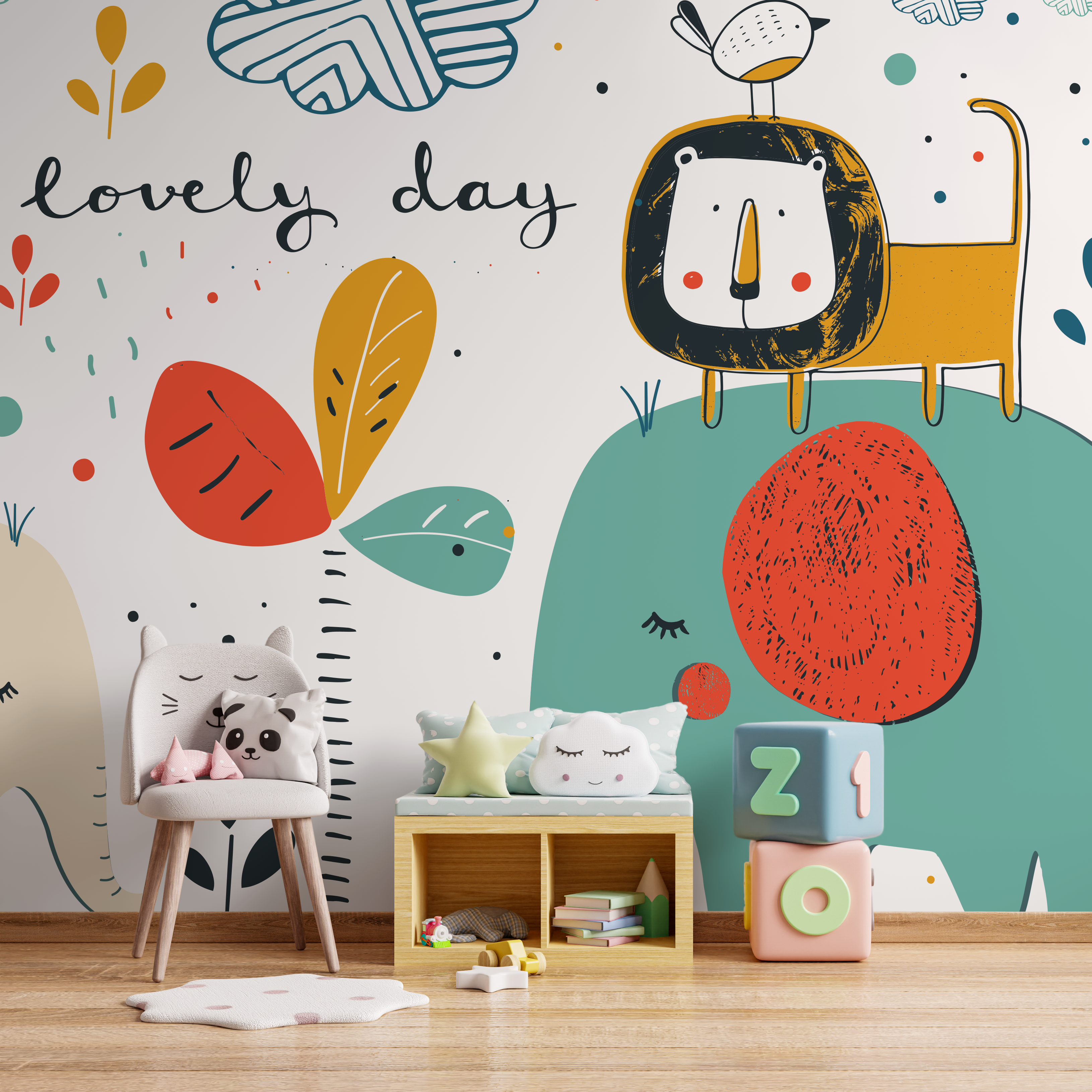 Kids Wallpaper With A Playful Elephant And Growth Chart In Red, Yellow, And Blue - B766