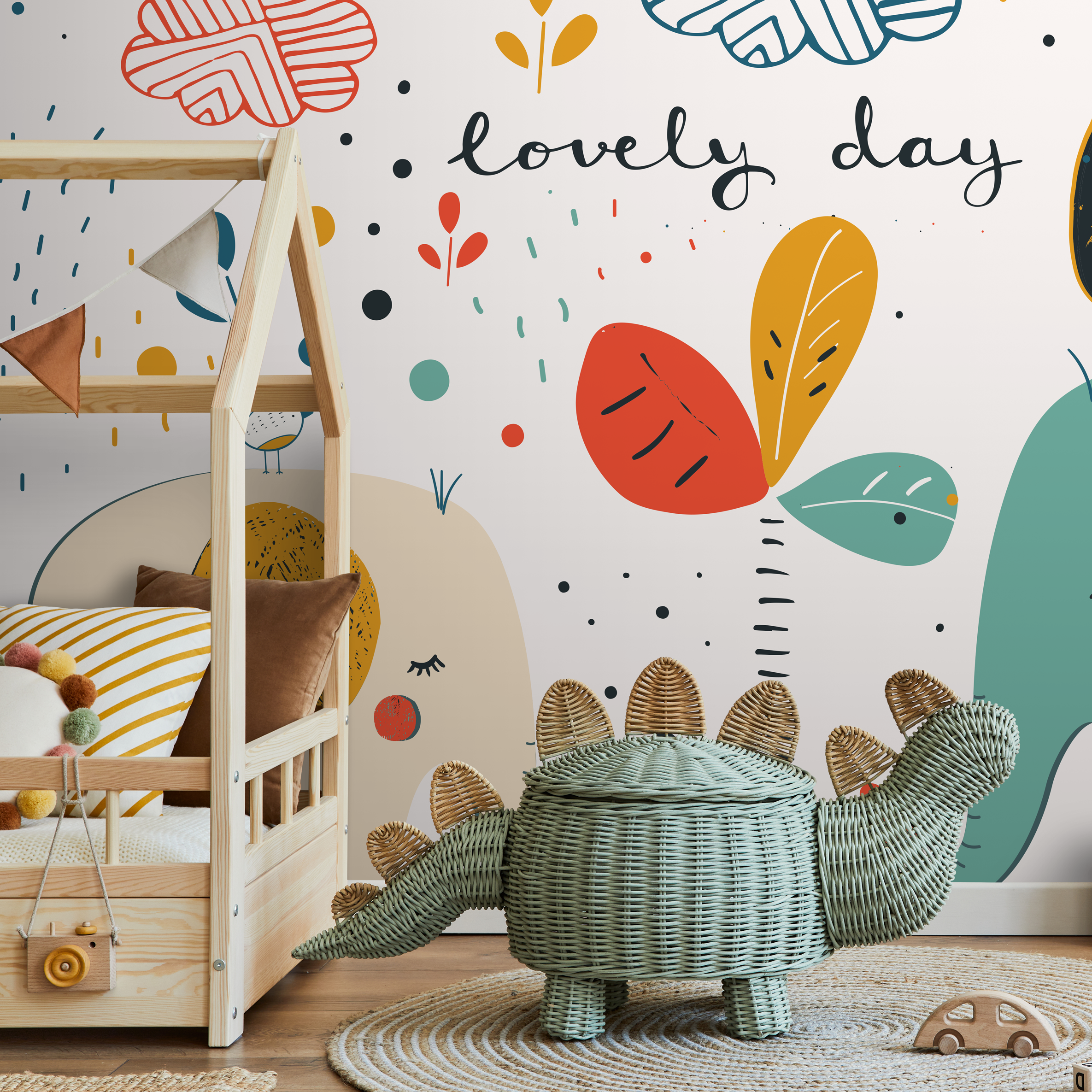 Kids Wallpaper With A Playful Elephant And Growth Chart In Red, Yellow, And Blue - B766