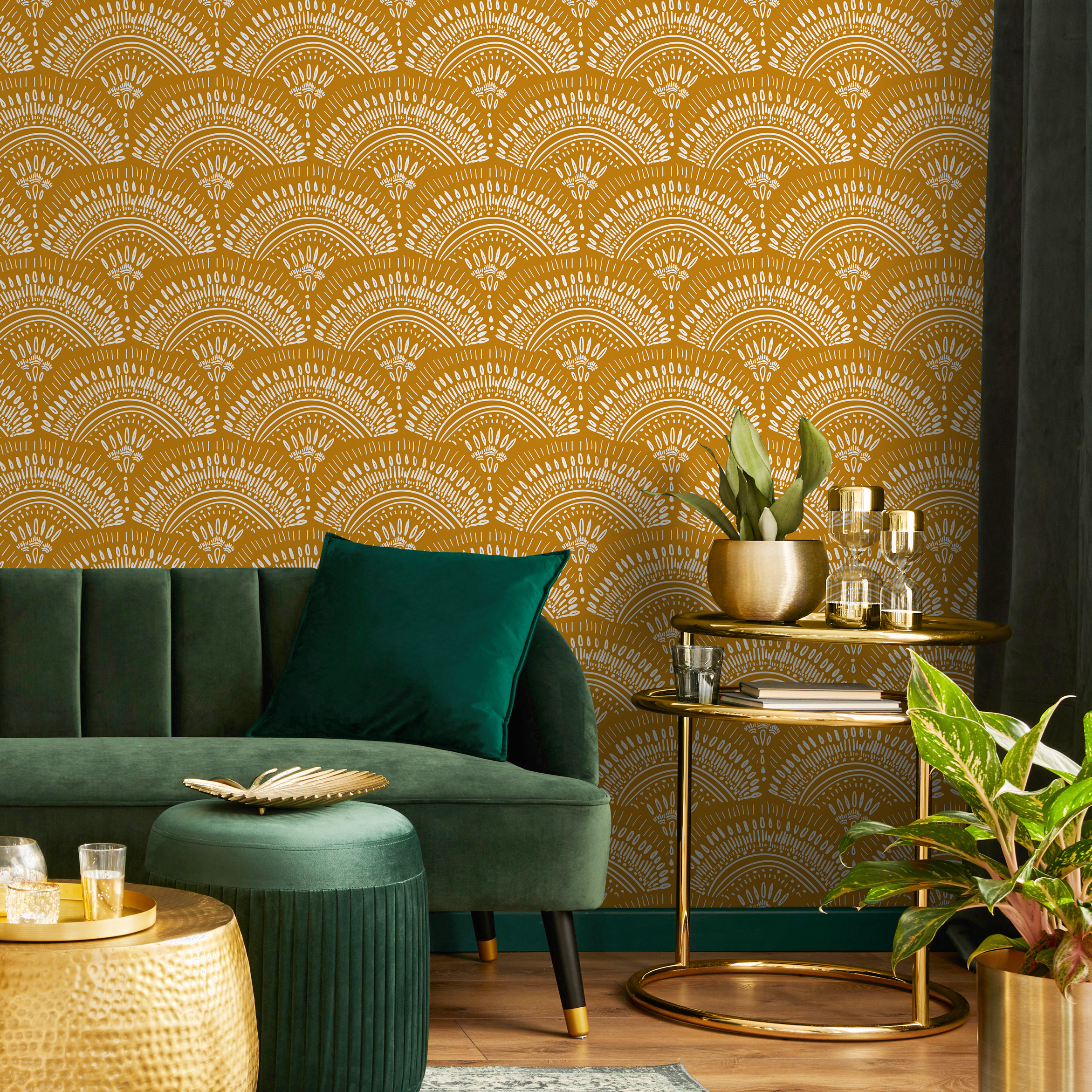 Art Deco Wallpaper With Scalloped Fans In Mustard Yellow And White - B767