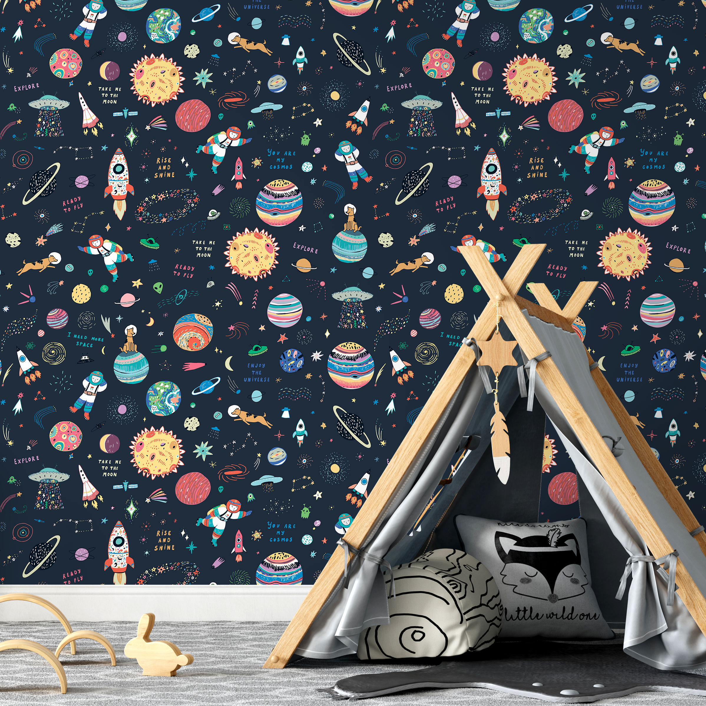 Space Wallpaper With Whimsical Astronauts And Planets In Navy Blue, Red, And Yellow - B769