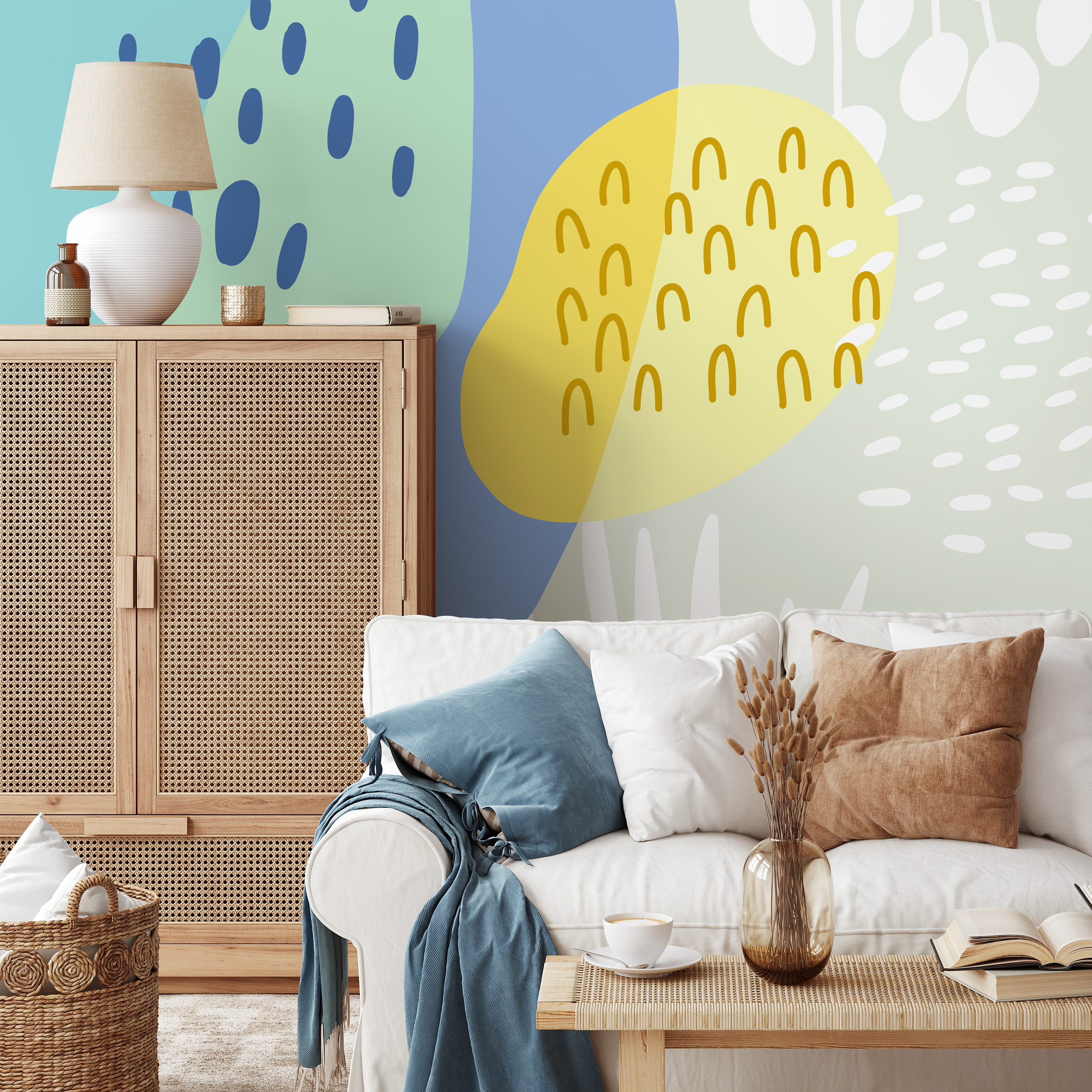 Abstract Wallpaper With Playful Organic Shapes In Blue, Green, And Yellow - B770