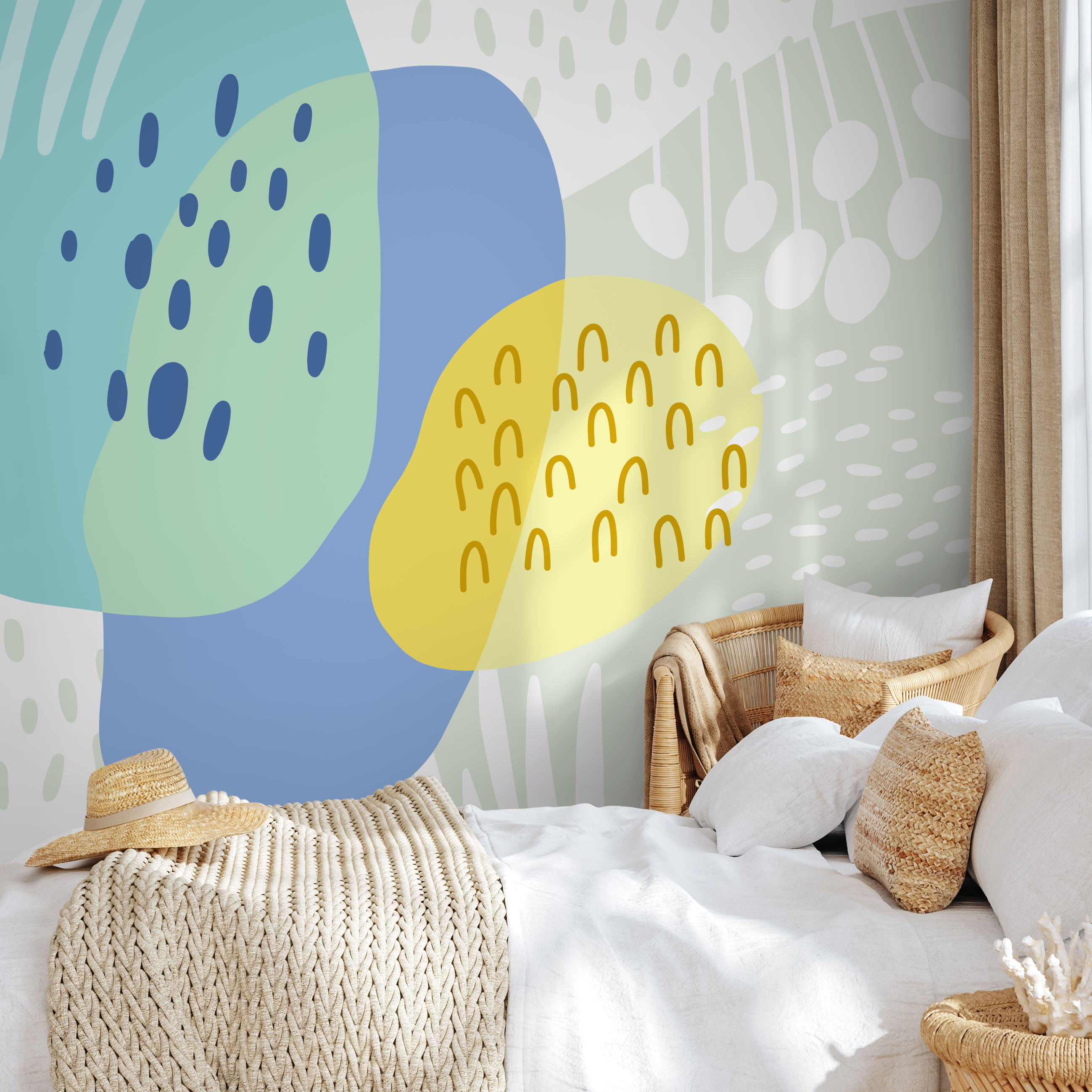 Abstract Wallpaper With Playful Organic Shapes In Blue, Green, And Yellow - B770