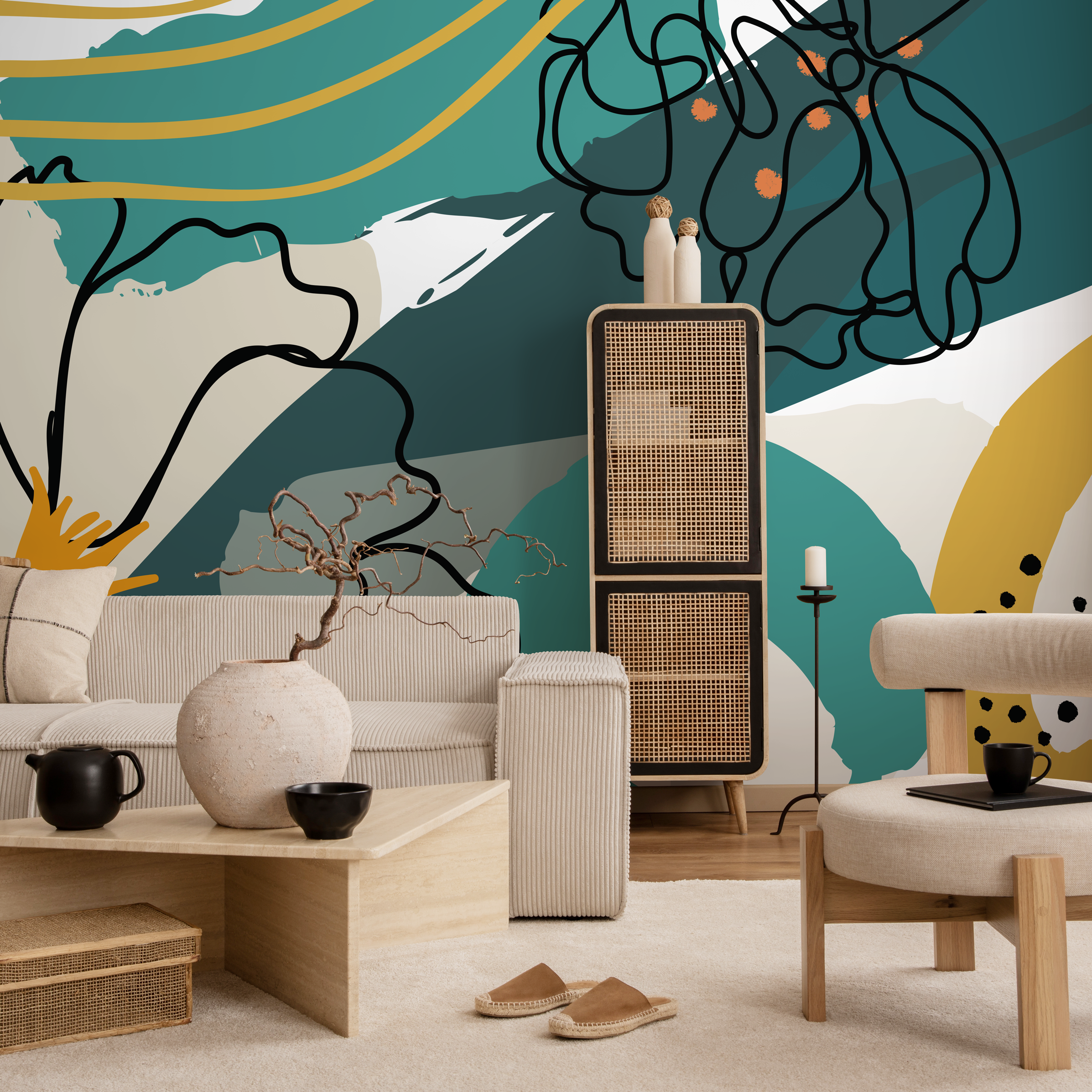 Abstract Wallpaper With Bold Shapes In Teal, Yellow, And Black - B772