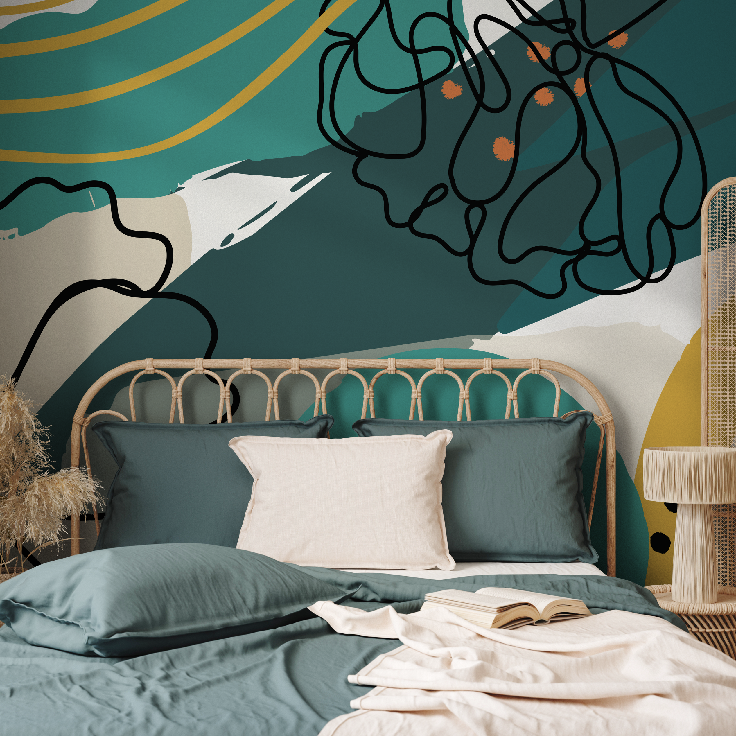 Abstract Wallpaper With Bold Shapes In Teal, Yellow, And Black - B772