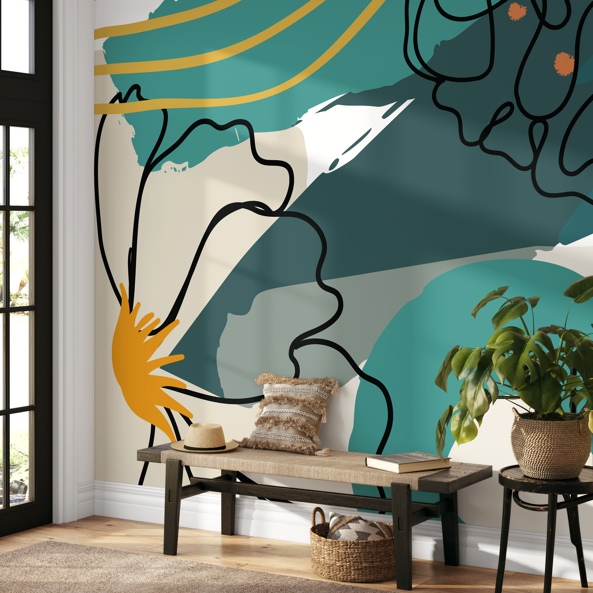 Abstract Wallpaper With Bold Shapes In Teal, Yellow, And Black - B772