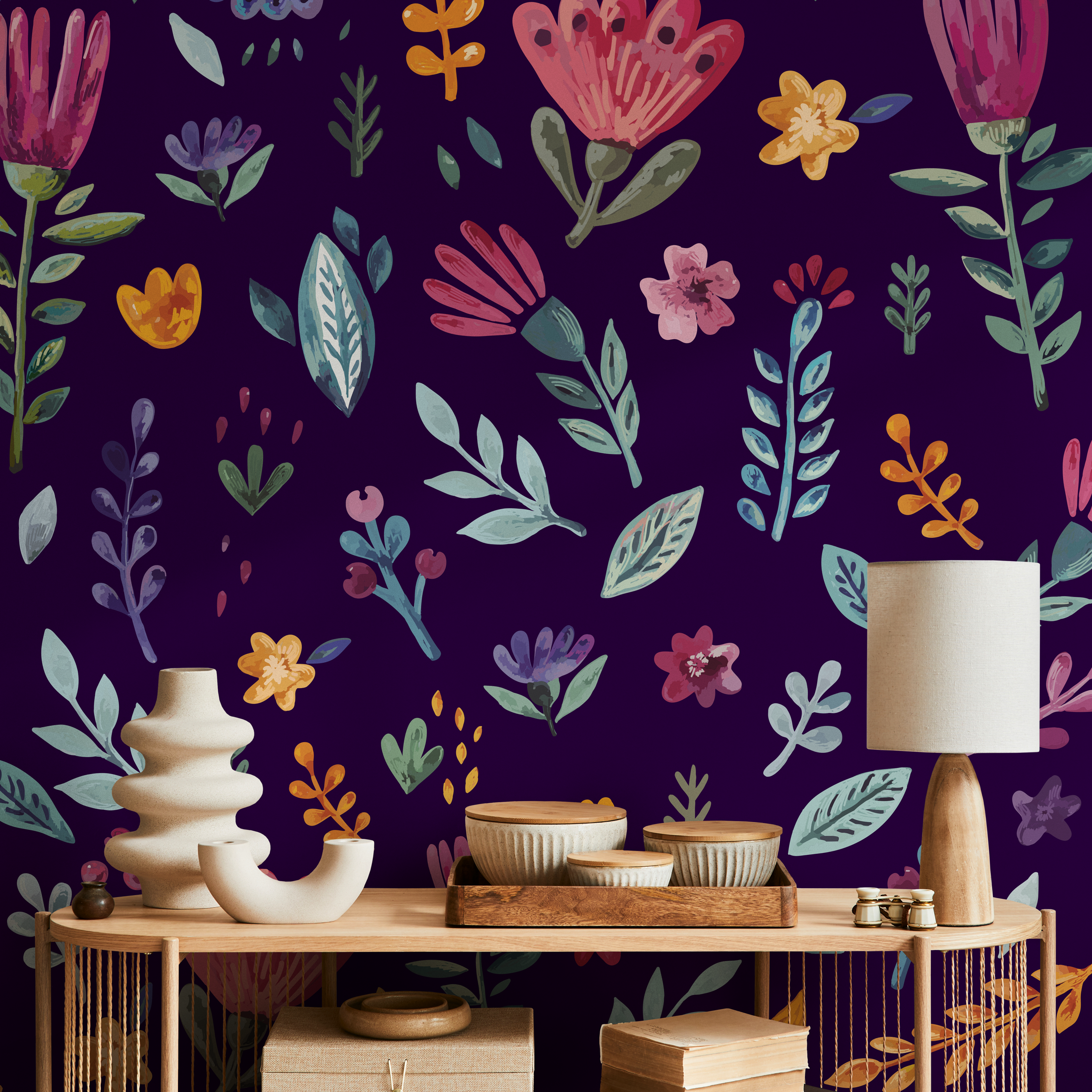 Floral Wallpaper With A Folk Art Motif In Purple And Pink - B773