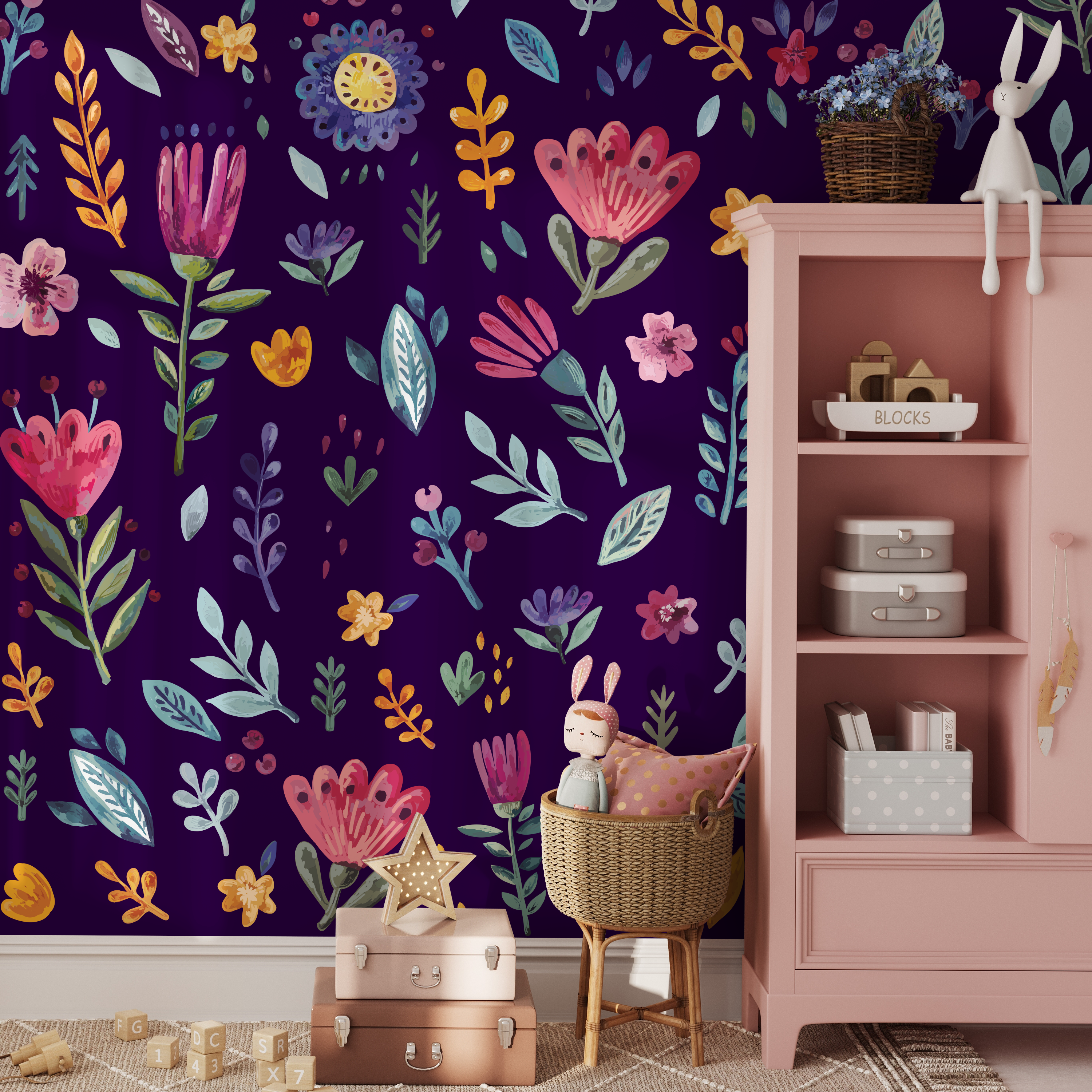 Floral Wallpaper With A Folk Art Motif In Purple And Pink - B773