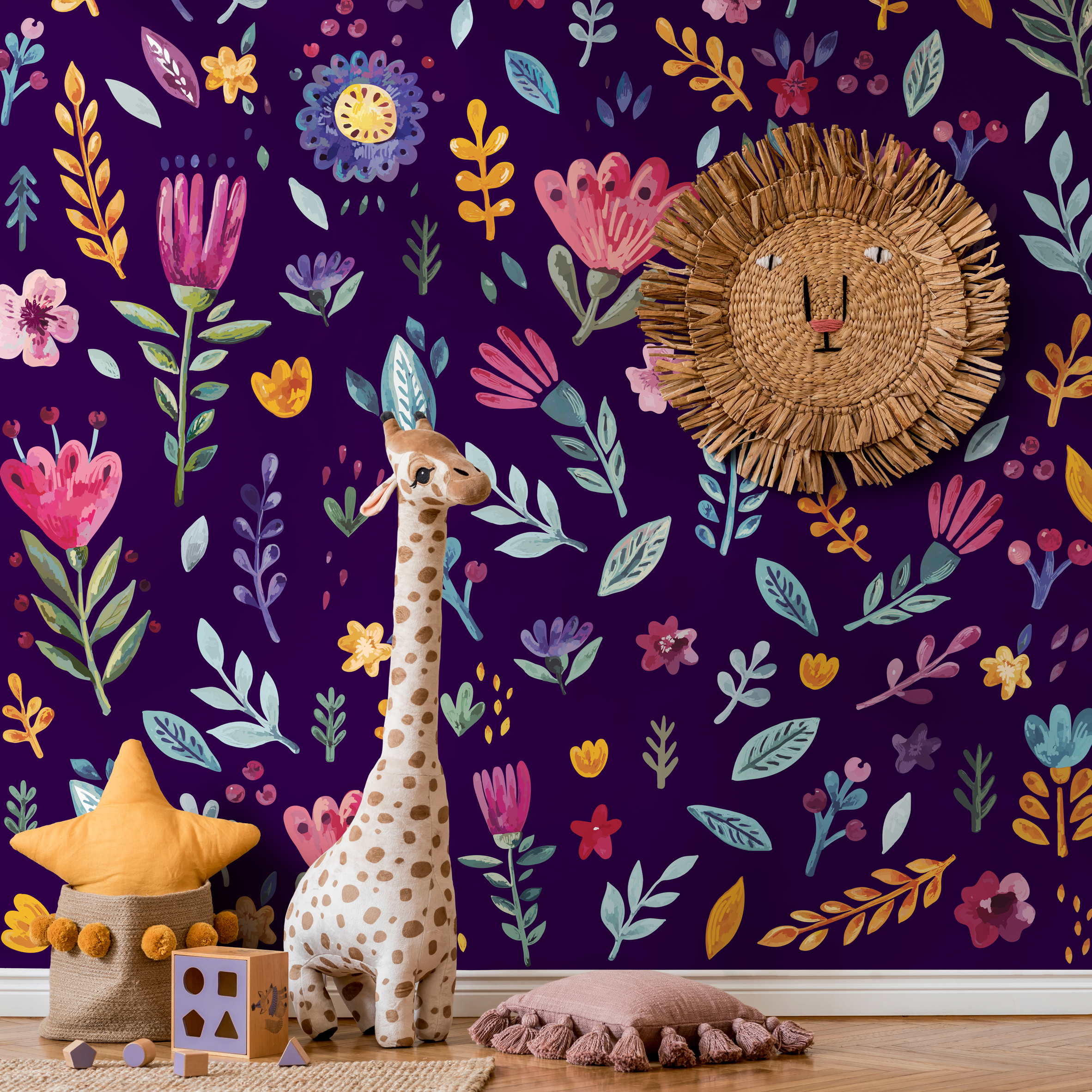 Floral Wallpaper With A Folk Art Motif In Purple And Pink - B773