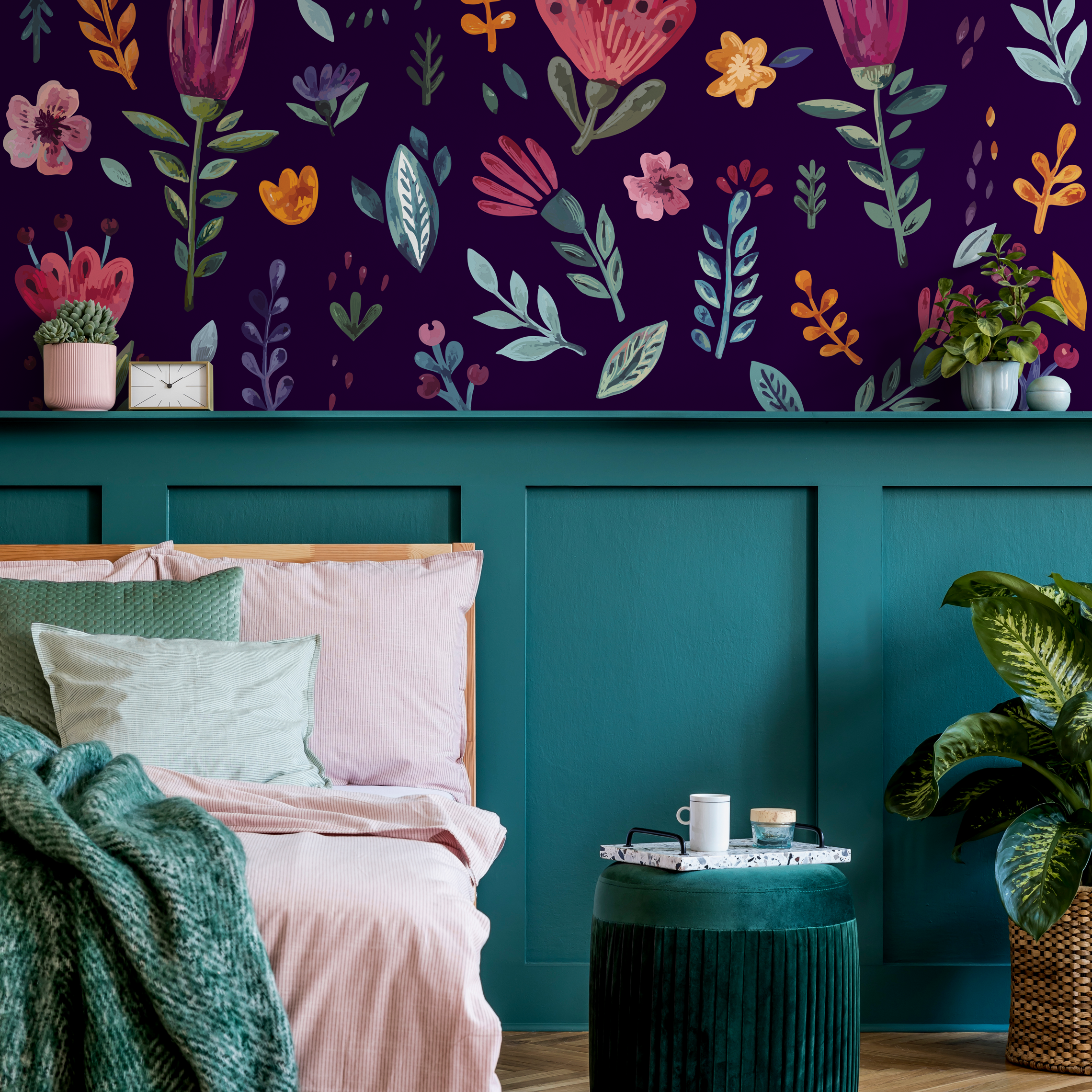 Floral Wallpaper With A Folk Art Motif In Purple And Pink - B773