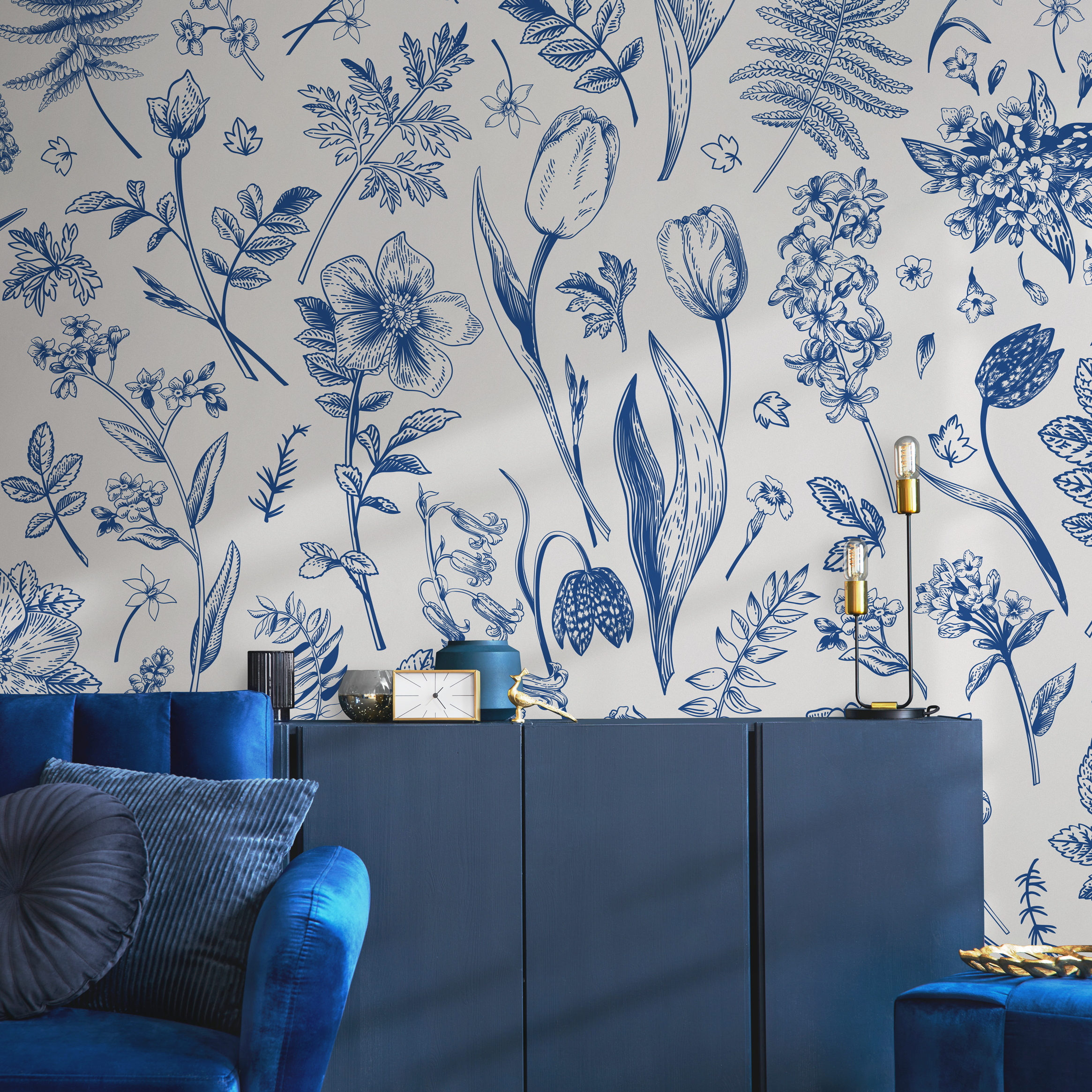 Botanical Wallpaper With A Vintage Wildflower Sketch In Blue And Cream - B775