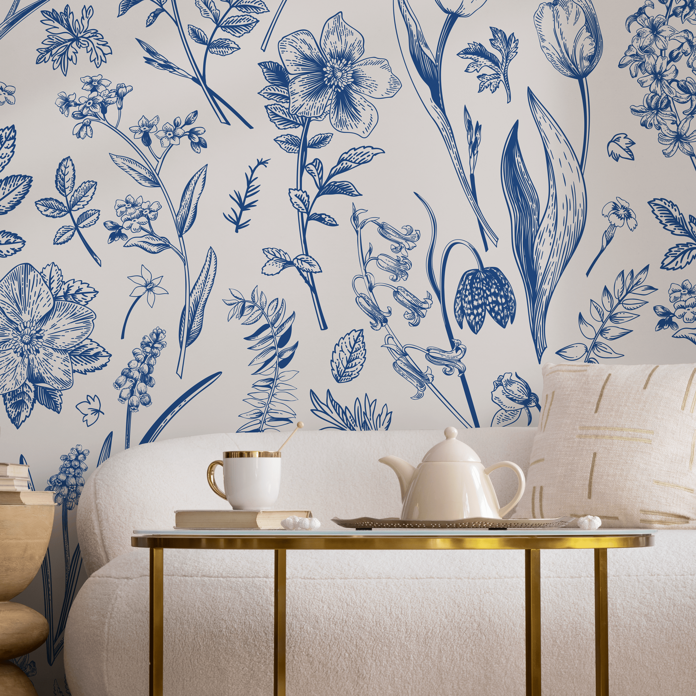 Botanical Wallpaper With A Vintage Wildflower Sketch In Blue And Cream - B775