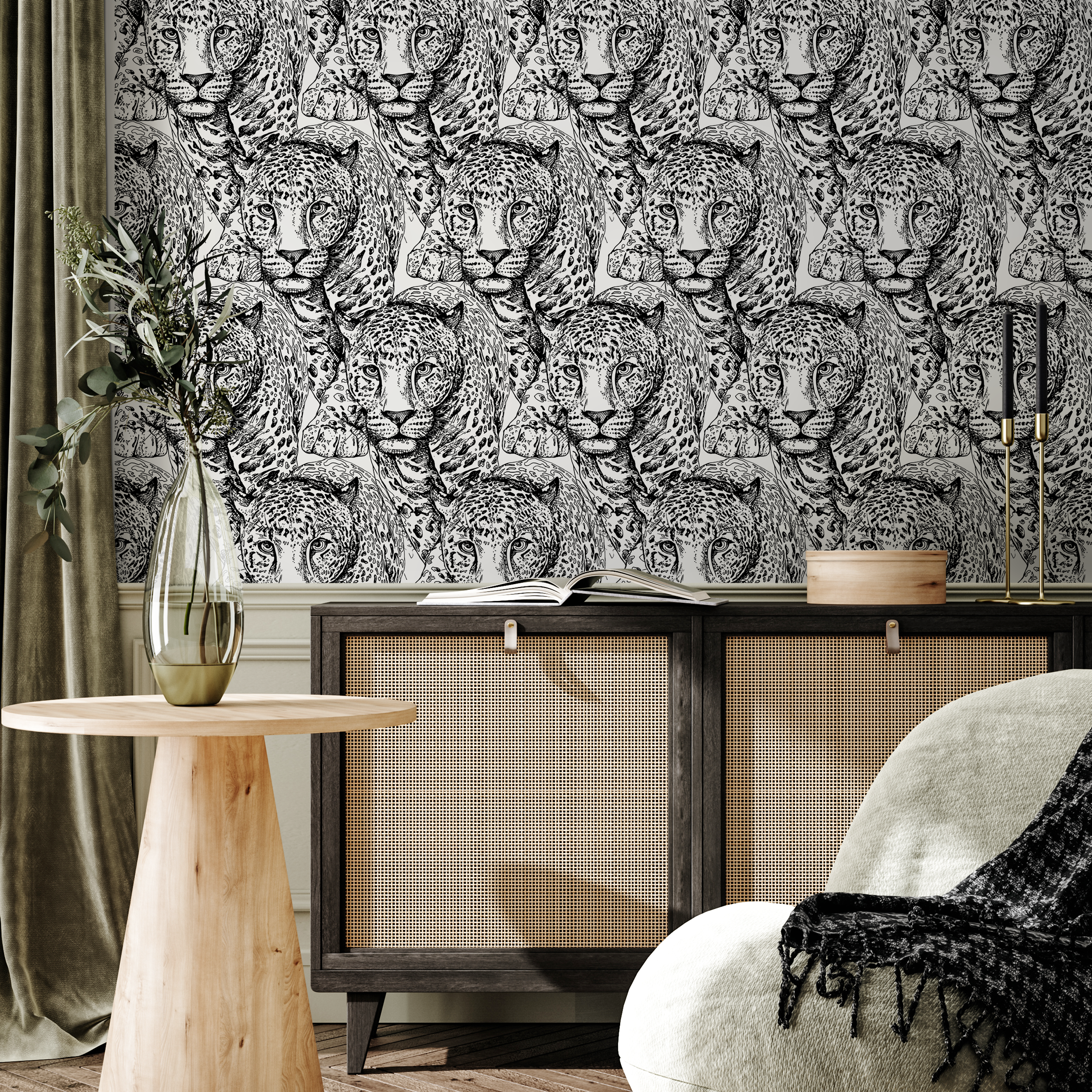 Animal Wallpaper Featuring A Hand-drawn Leopard Motif In Black And White - B776