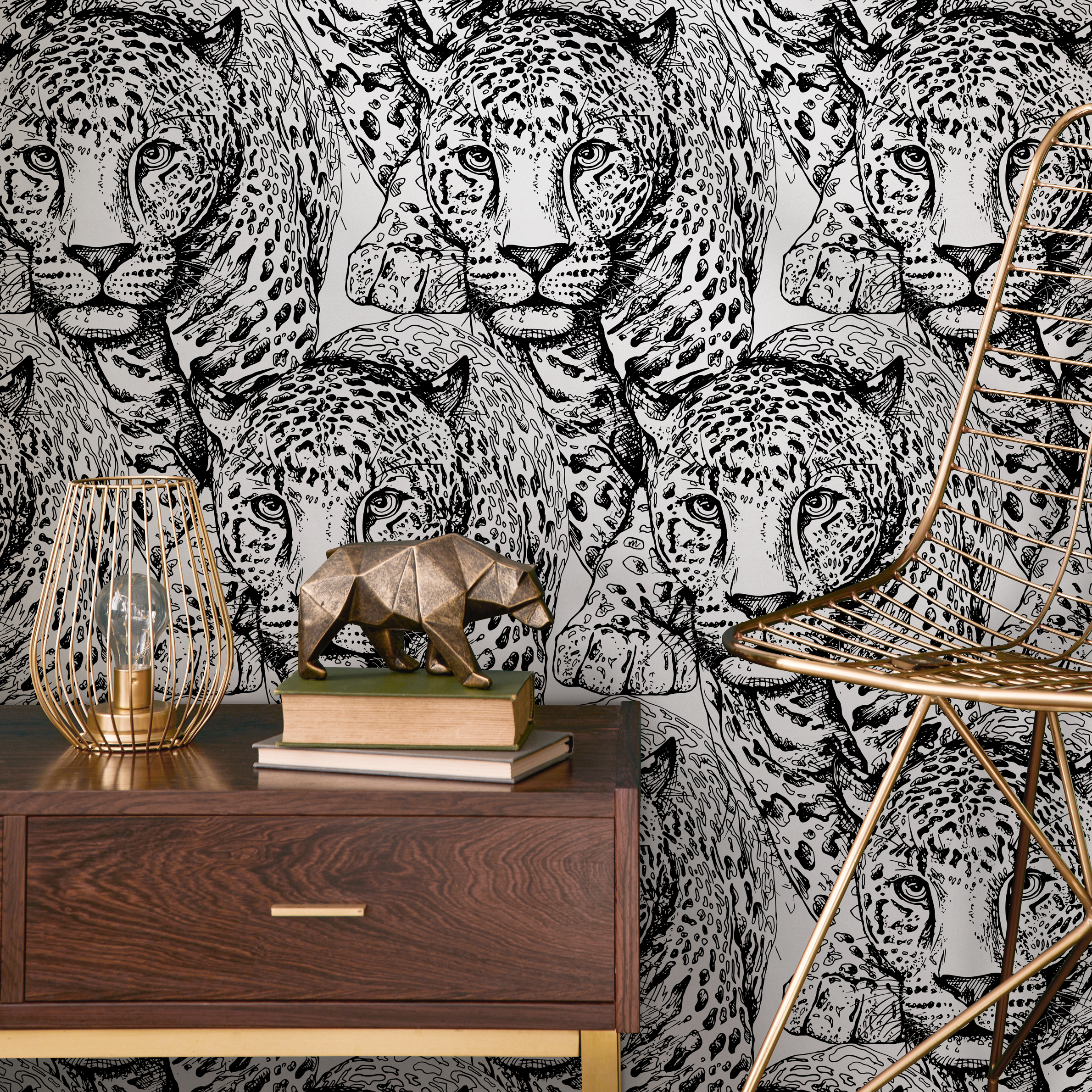Animal Wallpaper Featuring A Hand-drawn Leopard Motif In Black And White - B776