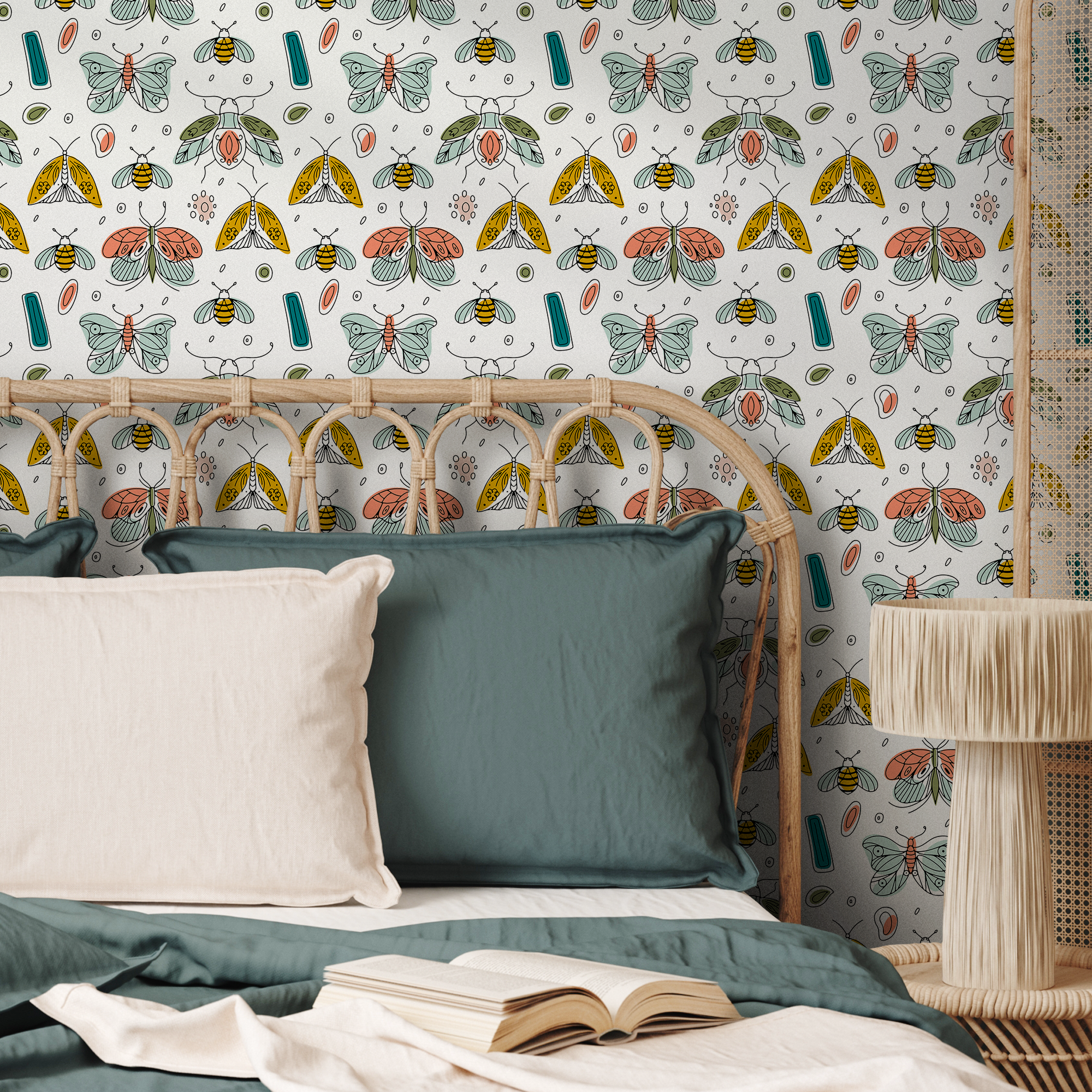 Insect Wallpaper With Hand-drawn Moths In Teal, Yellow, And Pink - B777
