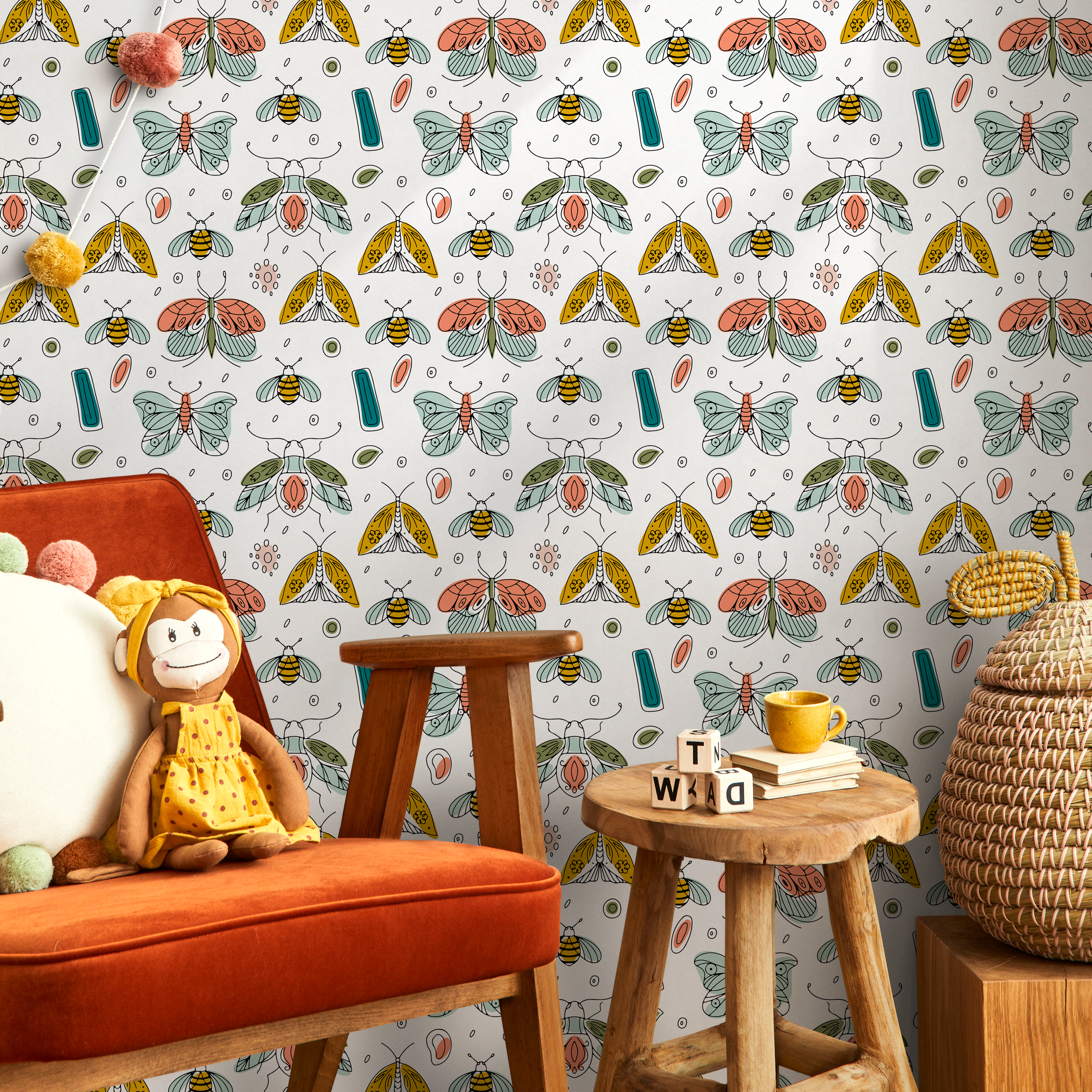 Insect Wallpaper With Hand-drawn Moths In Teal, Yellow, And Pink - B777