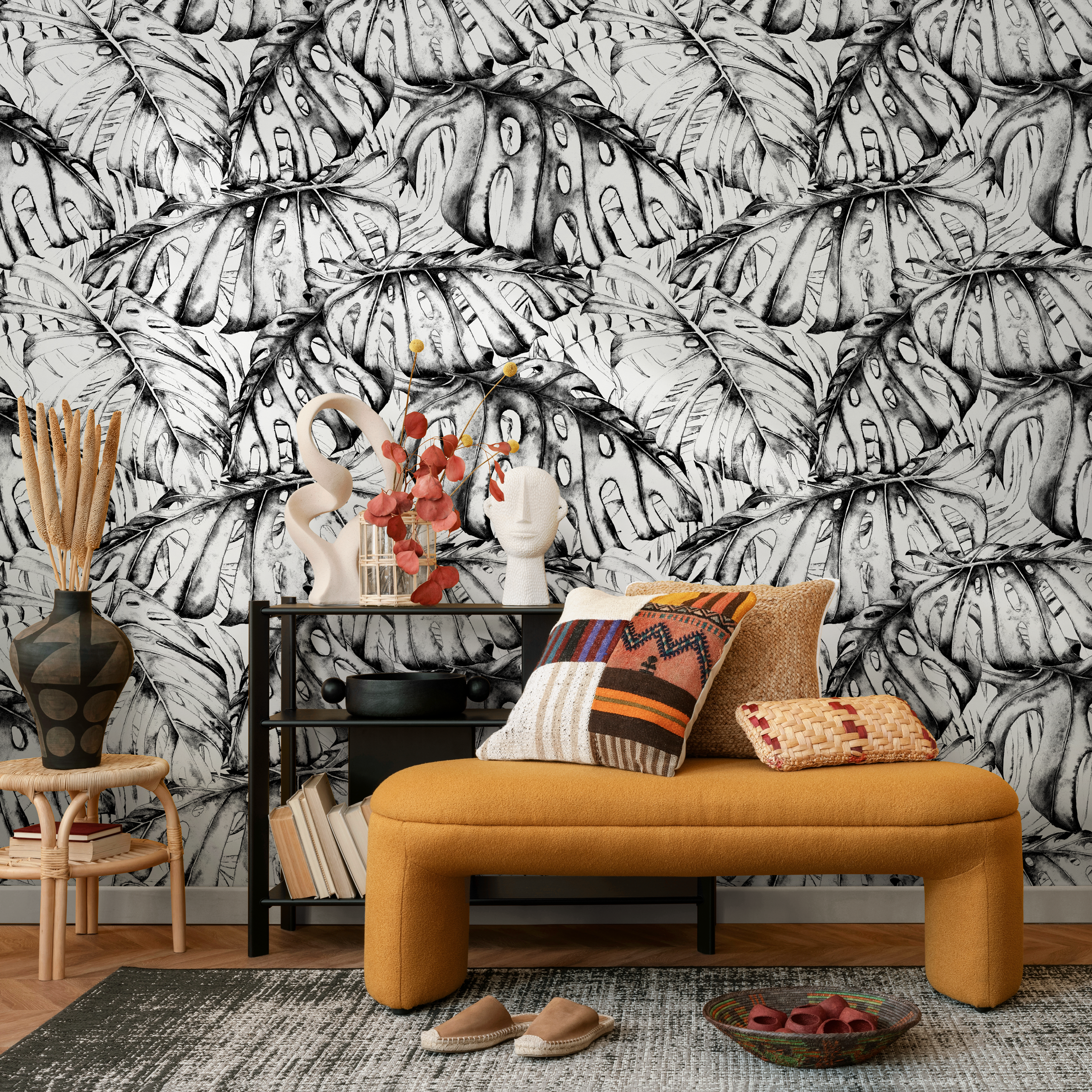 Botanical Wallpaper Featuring Illustrated Monstera Leaves In Black And White - B778