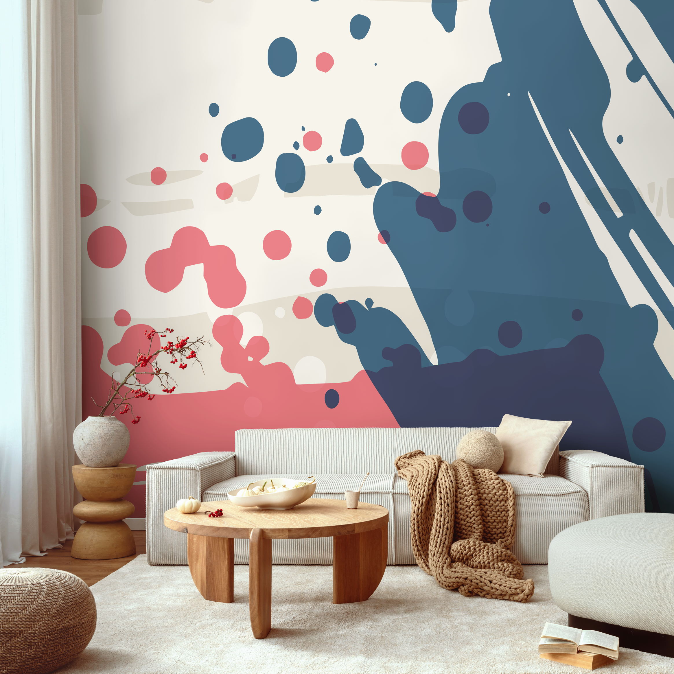 Abstract Wallpaper With Bold Paint Splatters In Blue, Pink, And Beige - B779