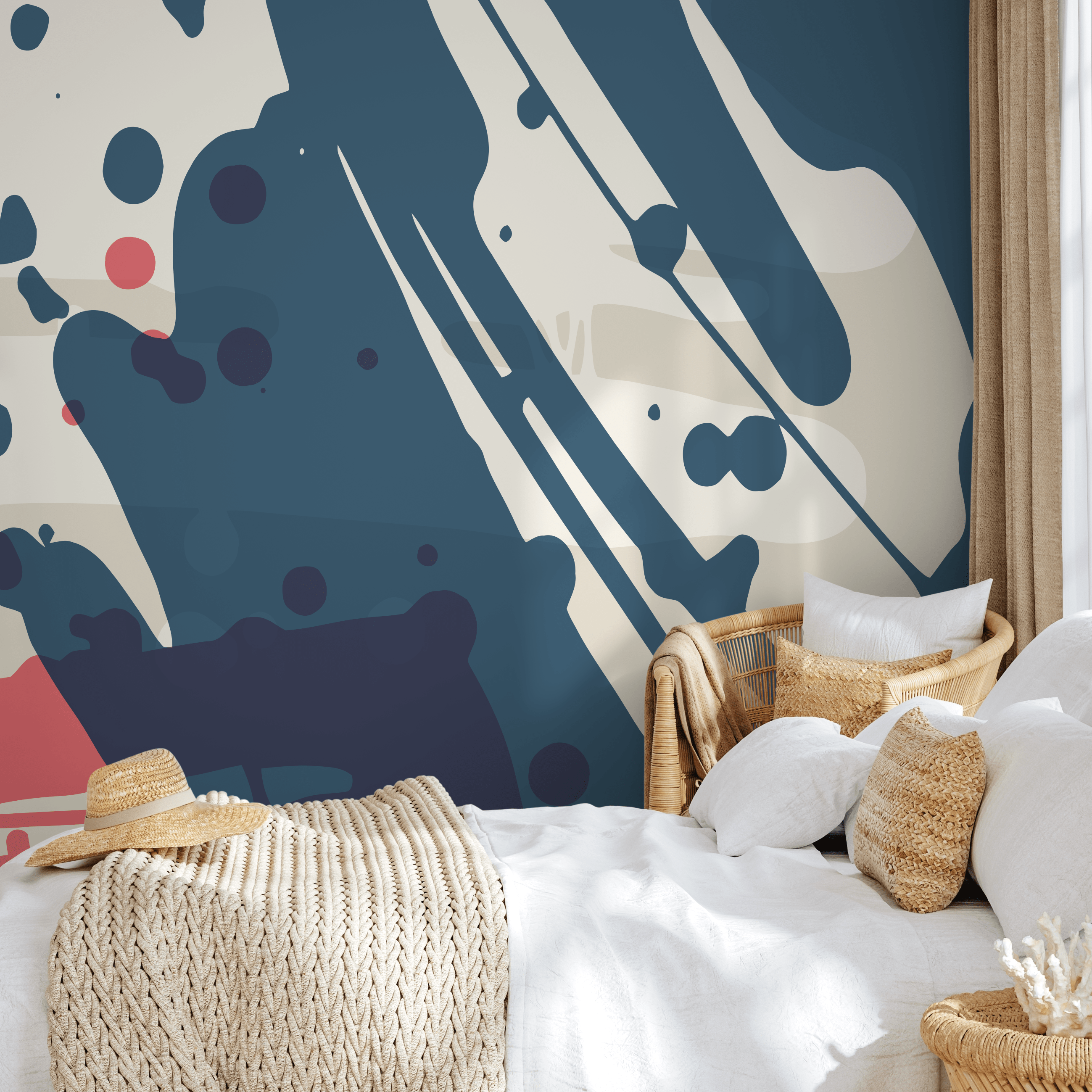 Abstract Wallpaper With Bold Paint Splatters In Blue, Pink, And Beige - B779