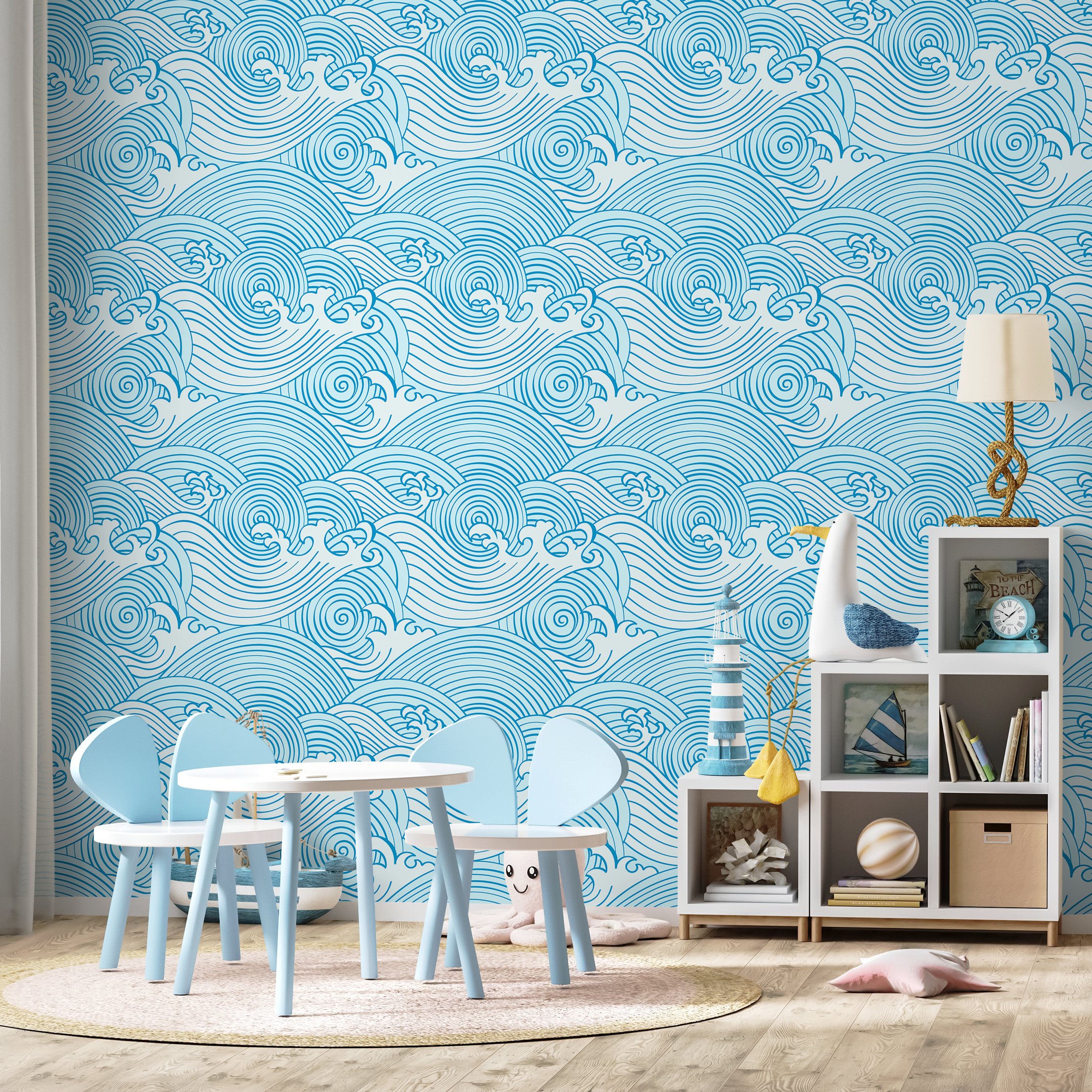 Nautical Wallpaper With A Stylized Ocean Wave Motif In Blue - B782