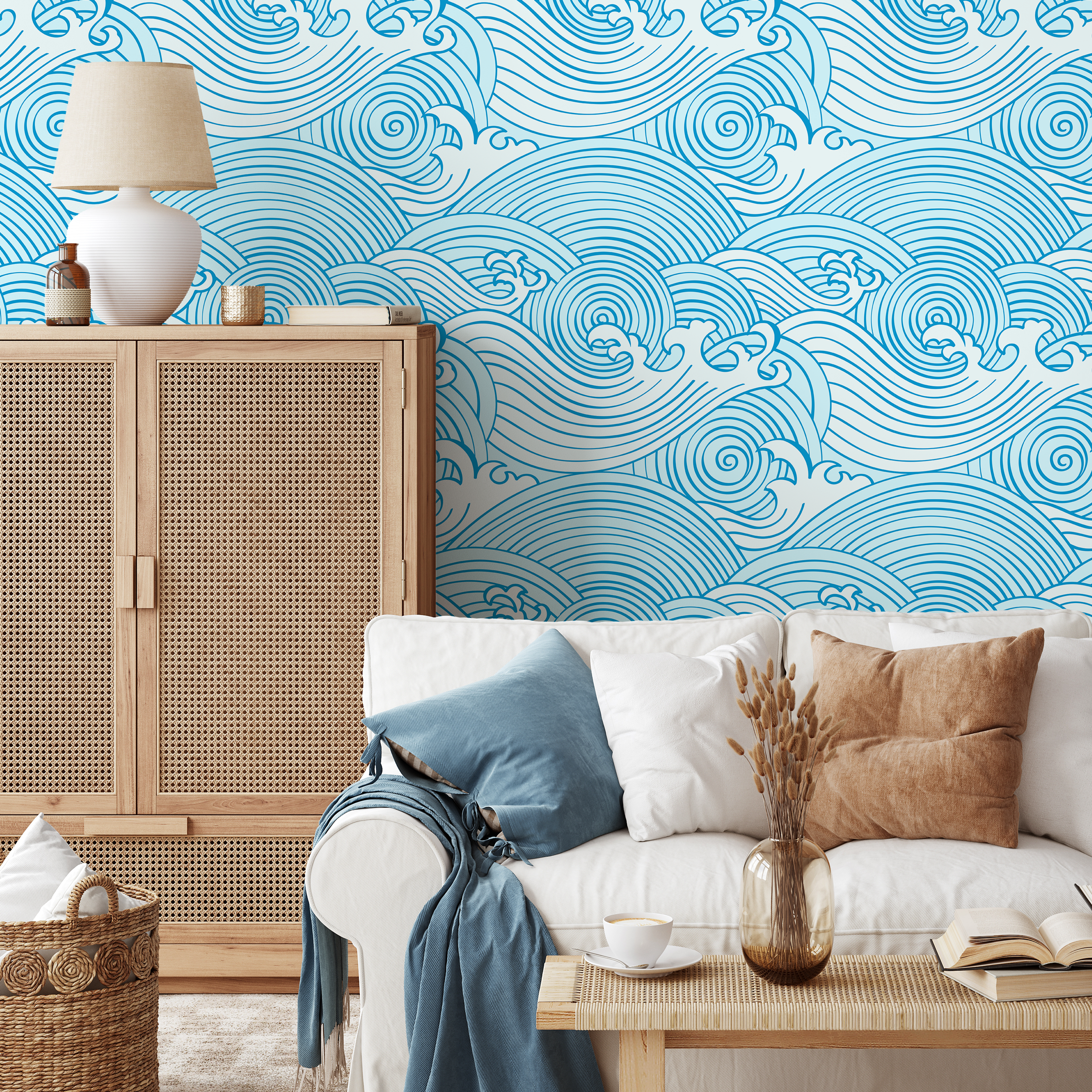 Nautical Wallpaper With A Stylized Ocean Wave Motif In Blue - B782