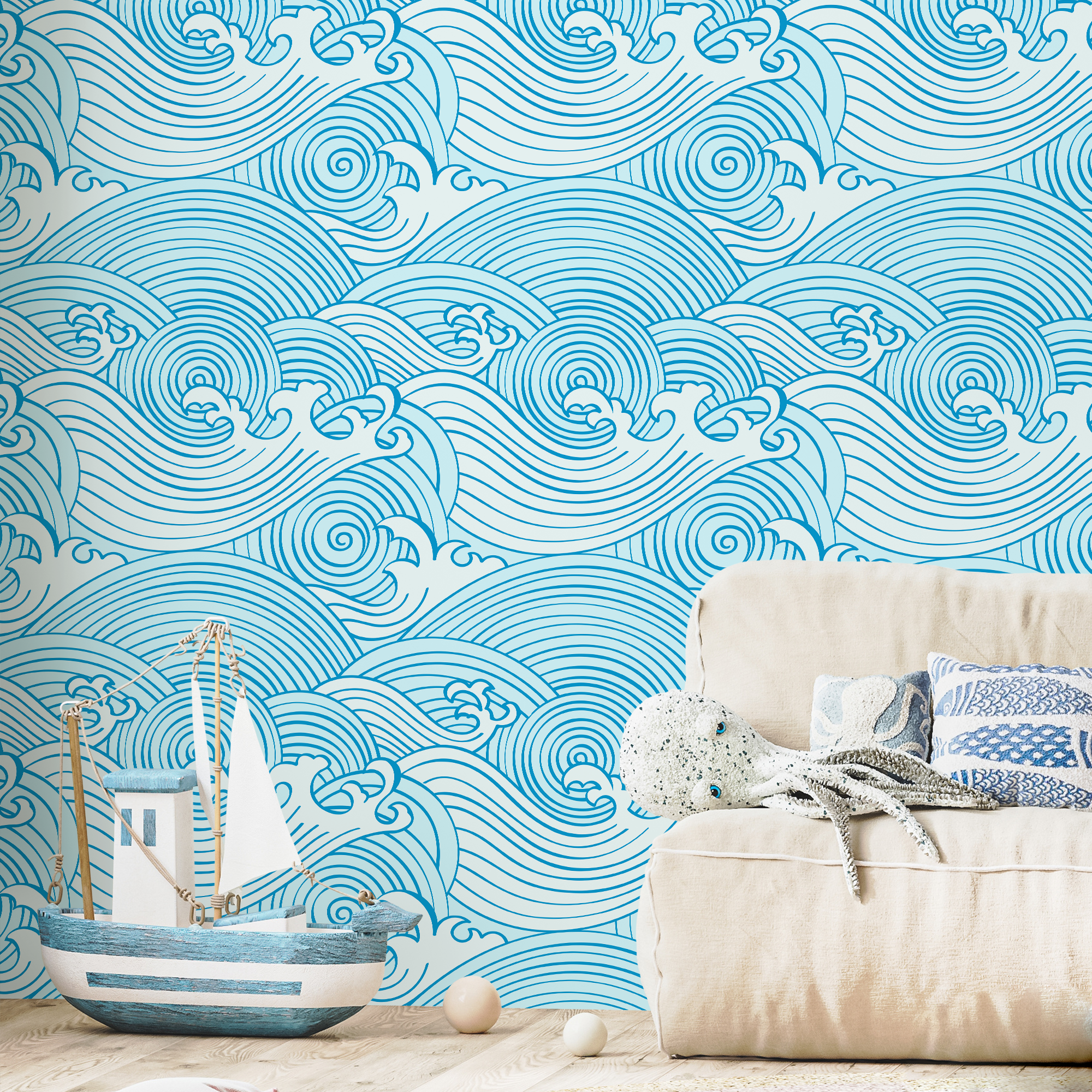 Nautical Wallpaper With A Stylized Ocean Wave Motif In Blue - B782