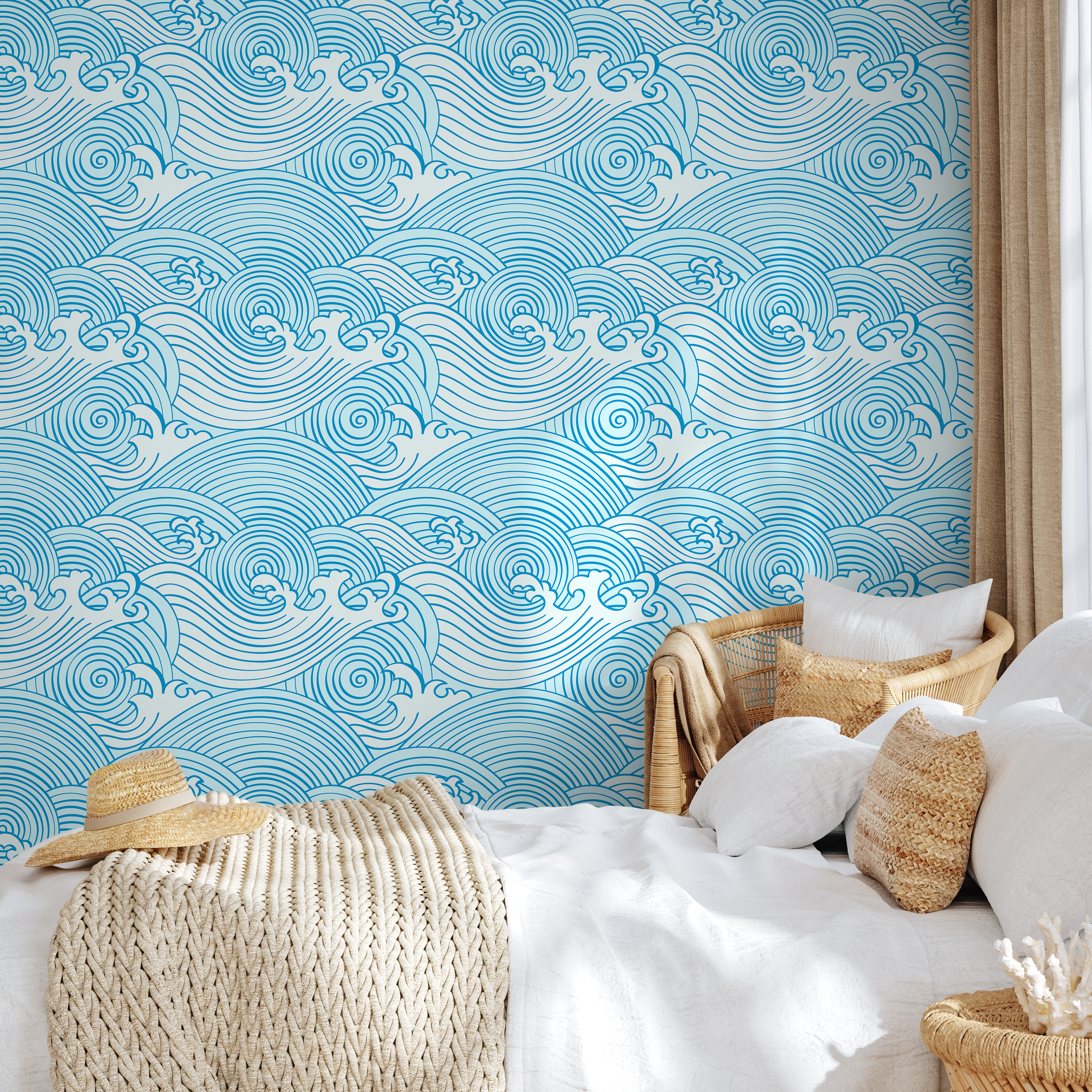 Nautical Wallpaper With A Stylized Ocean Wave Motif In Blue - B782