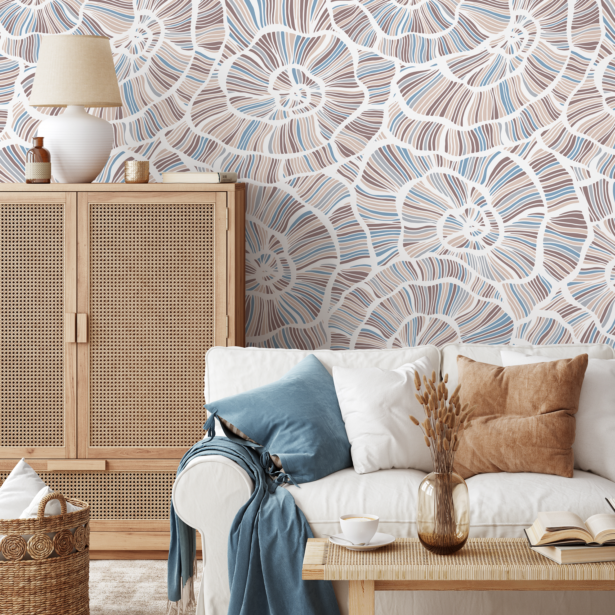 Abstract Wallpaper With A Spiral Shell Motif In Brown, Blue, And Beige - B784