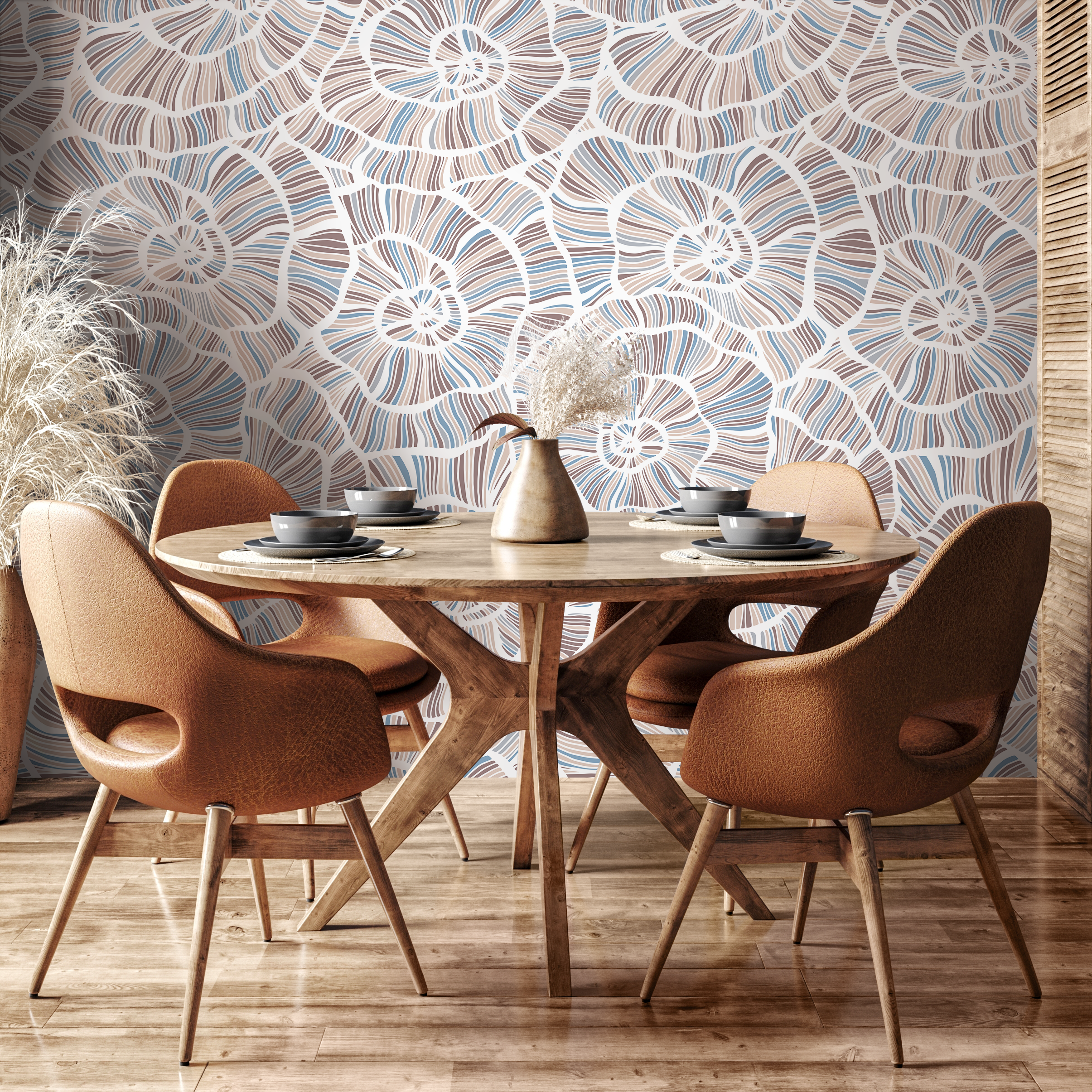 Abstract Wallpaper With A Spiral Shell Motif In Brown, Blue, And Beige - B784