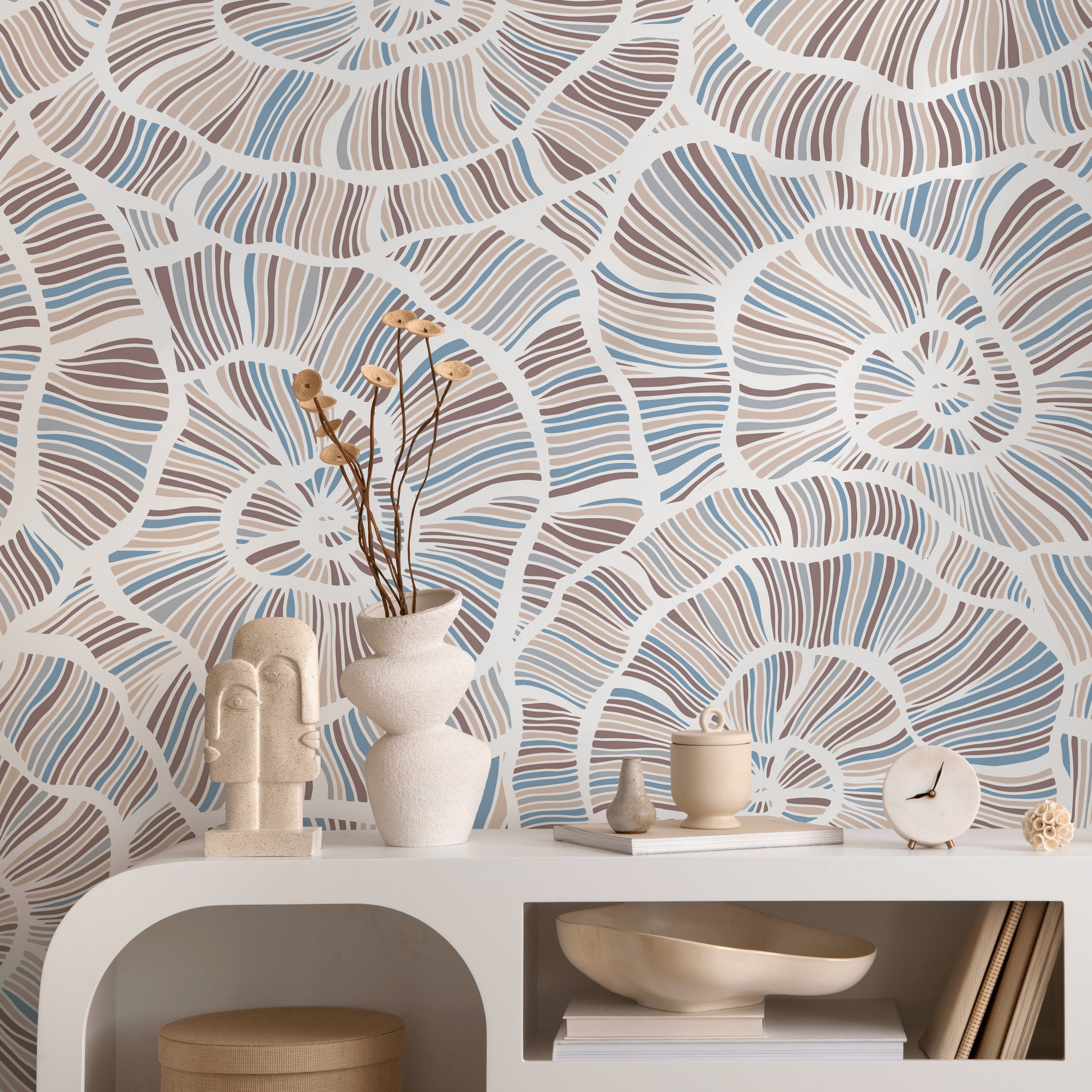 Abstract Wallpaper With A Spiral Shell Motif In Brown, Blue, And Beige - B784