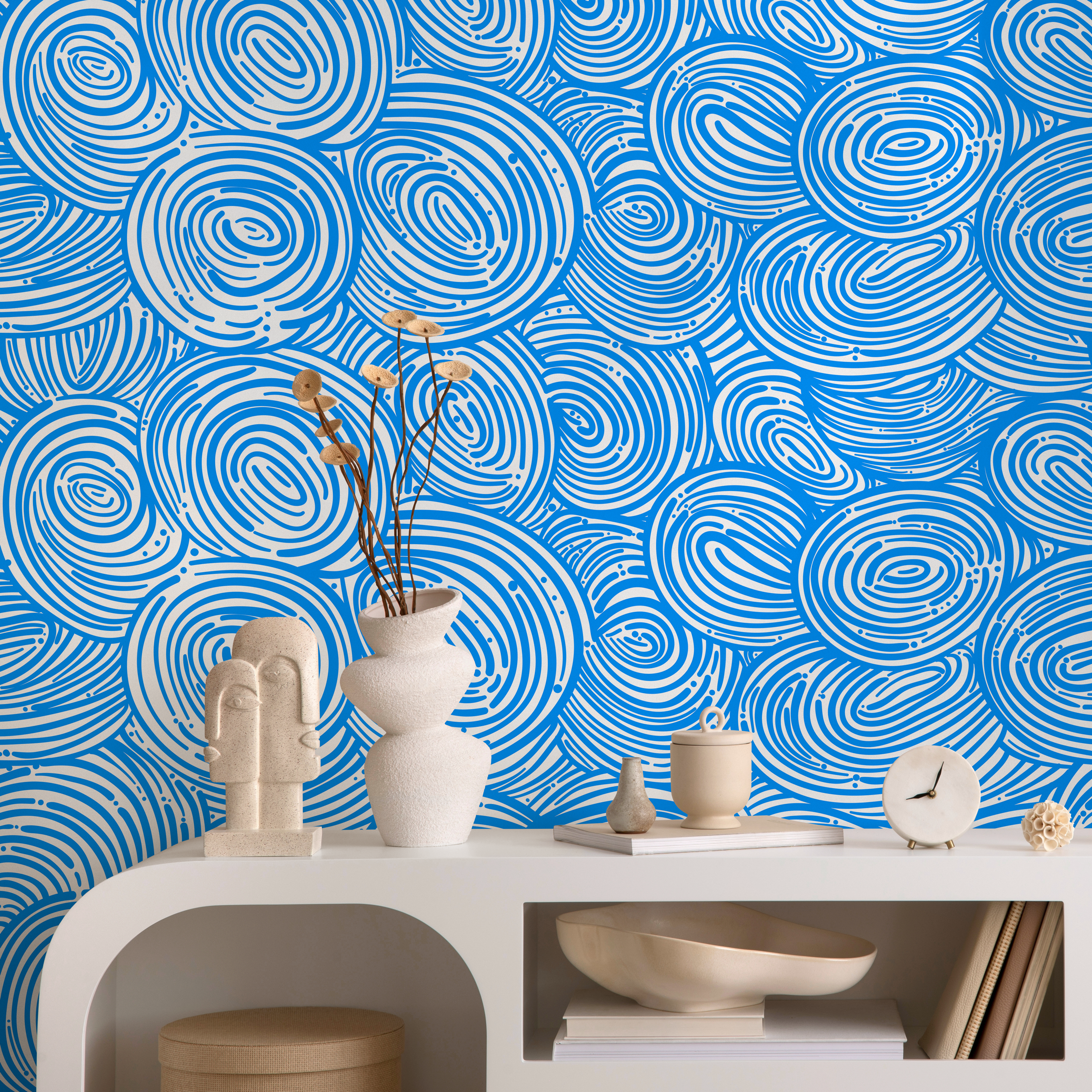 Abstract Wallpaper With Concentric Swirls In Blue And White - B786
