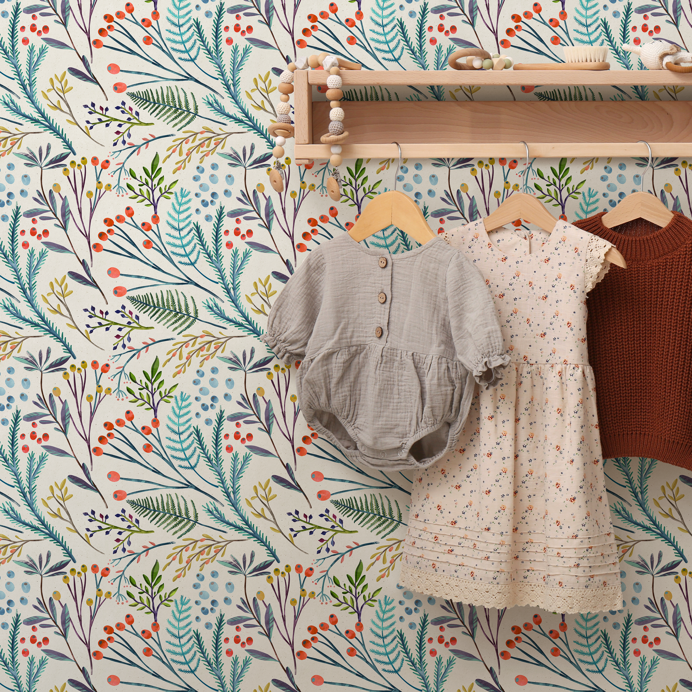 Botanical Wallpaper With Watercolor Ferns And Berries In Teal, Red, And Purple - B787