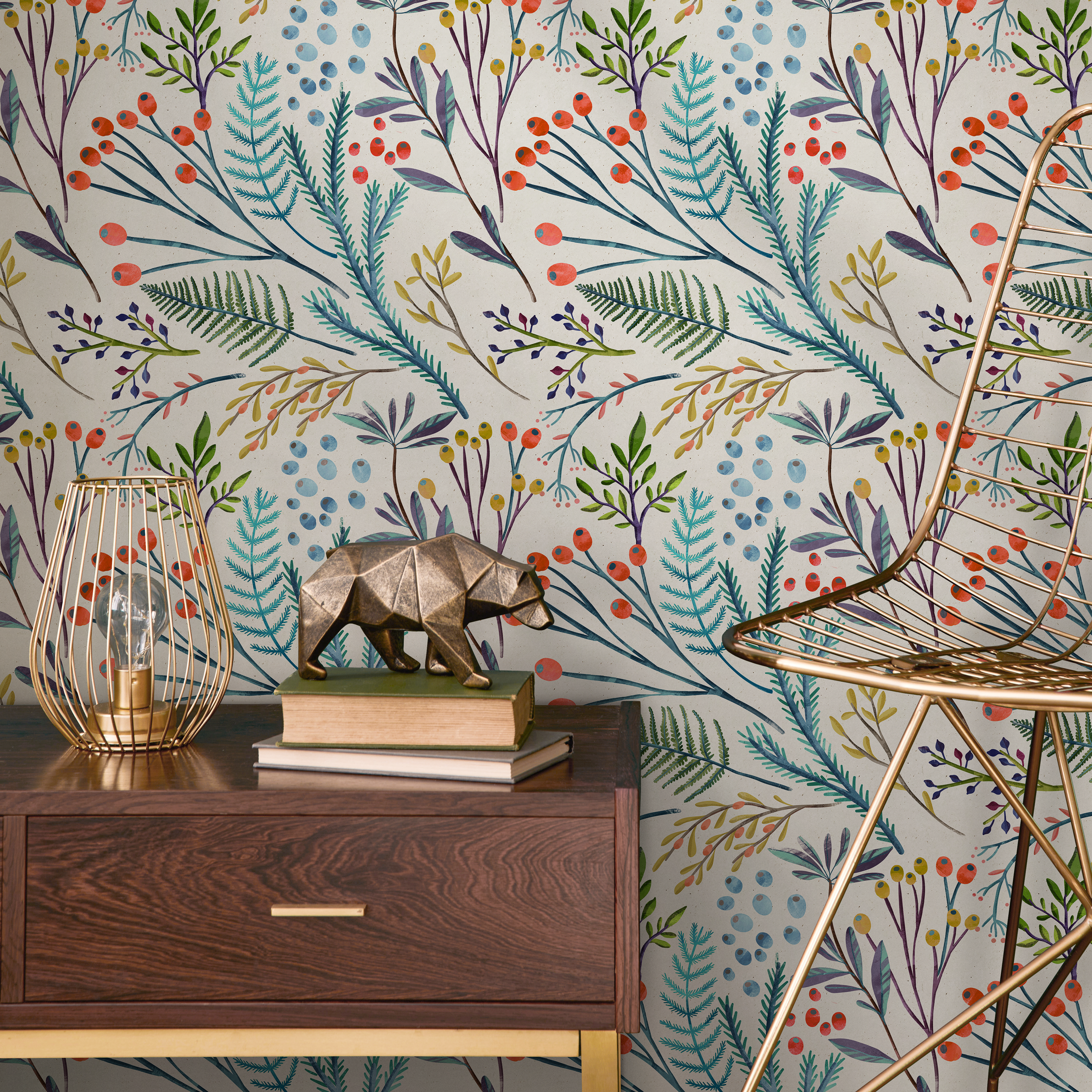 Botanical Wallpaper With Watercolor Ferns And Berries In Teal, Red, And Purple - B787