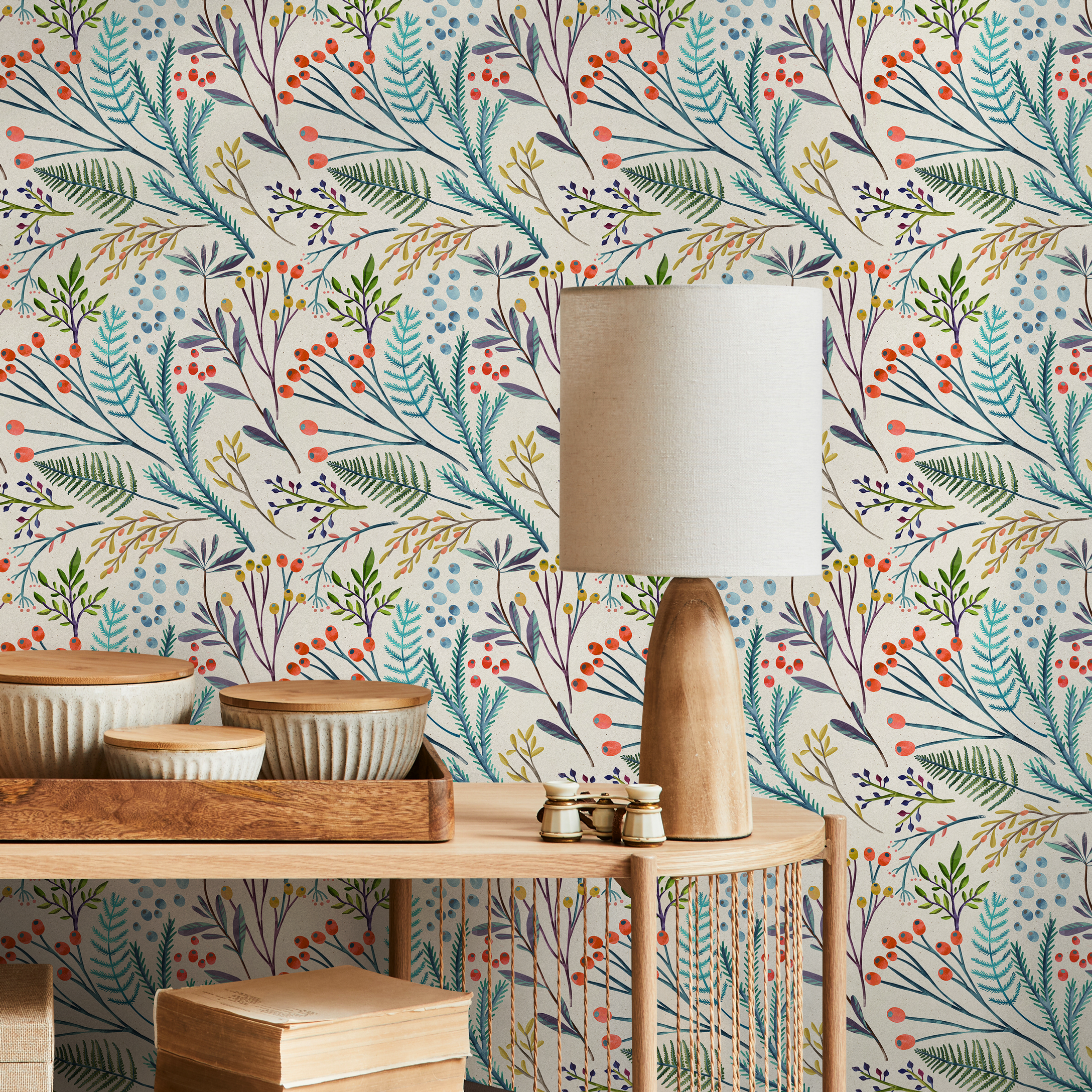 Botanical Wallpaper With Watercolor Ferns And Berries In Teal, Red, And Purple - B787