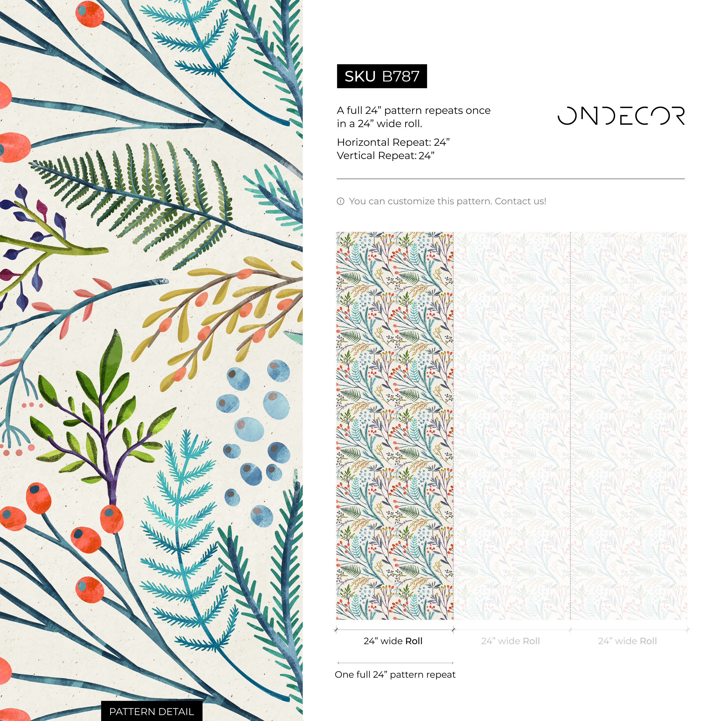 Botanical Wallpaper With Watercolor Ferns And Berries In Teal, Red, And Purple - B787