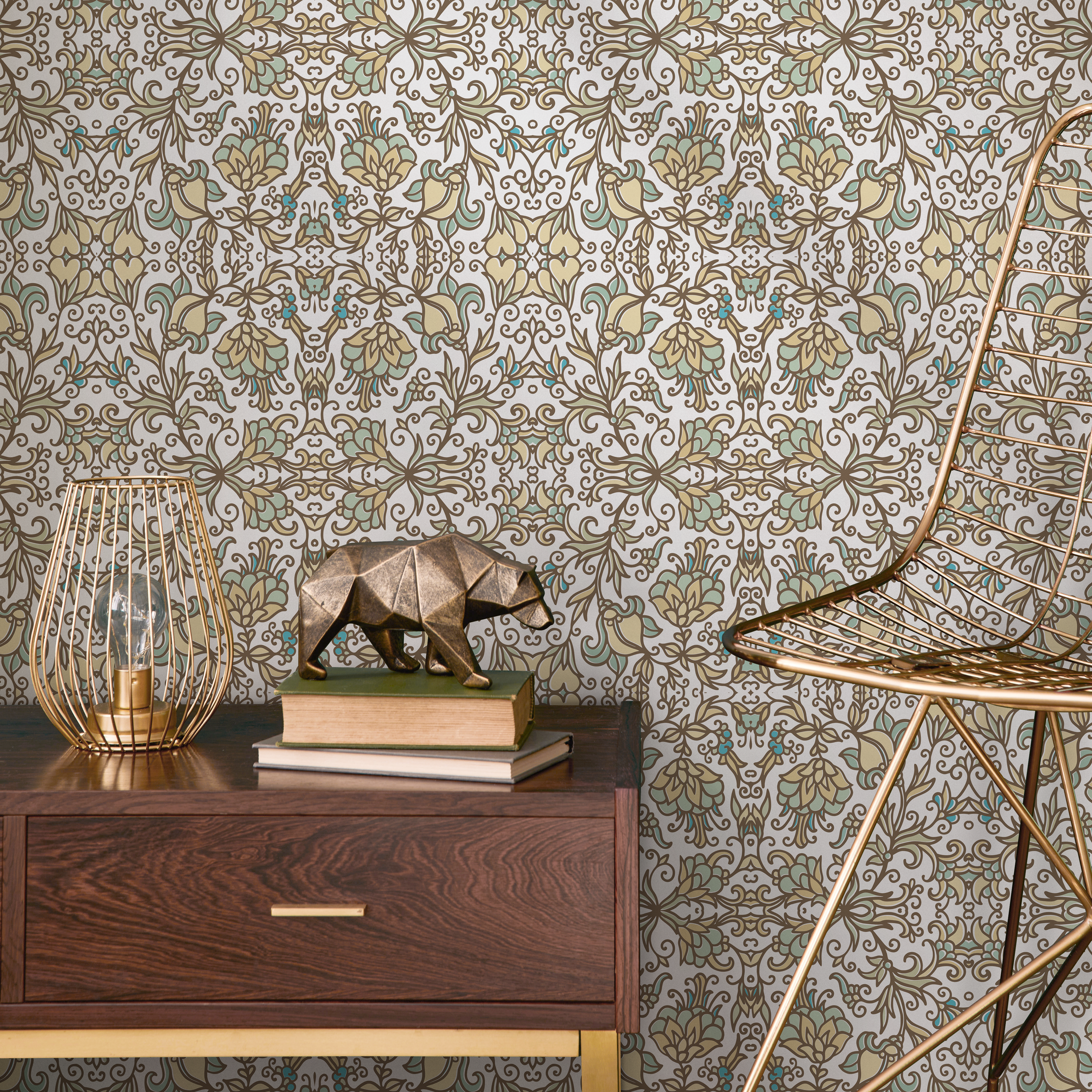 Damask Wallpaper With A Floral Arabesque Motif In Yellow, Green, And Blue - B788