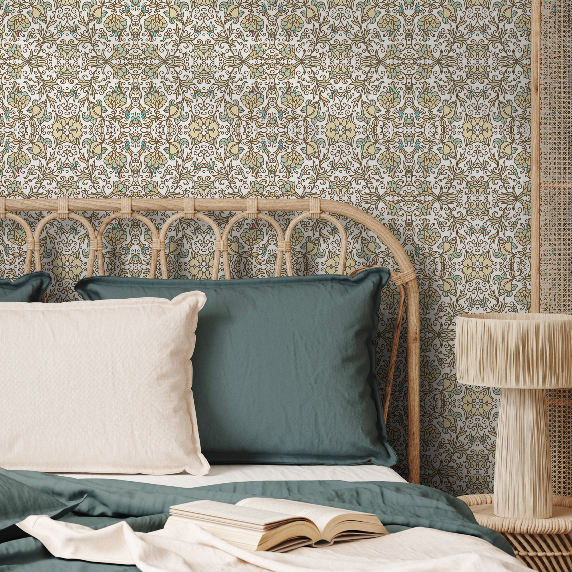 Damask Wallpaper With A Floral Arabesque Motif In Yellow, Green, And Blue - B788