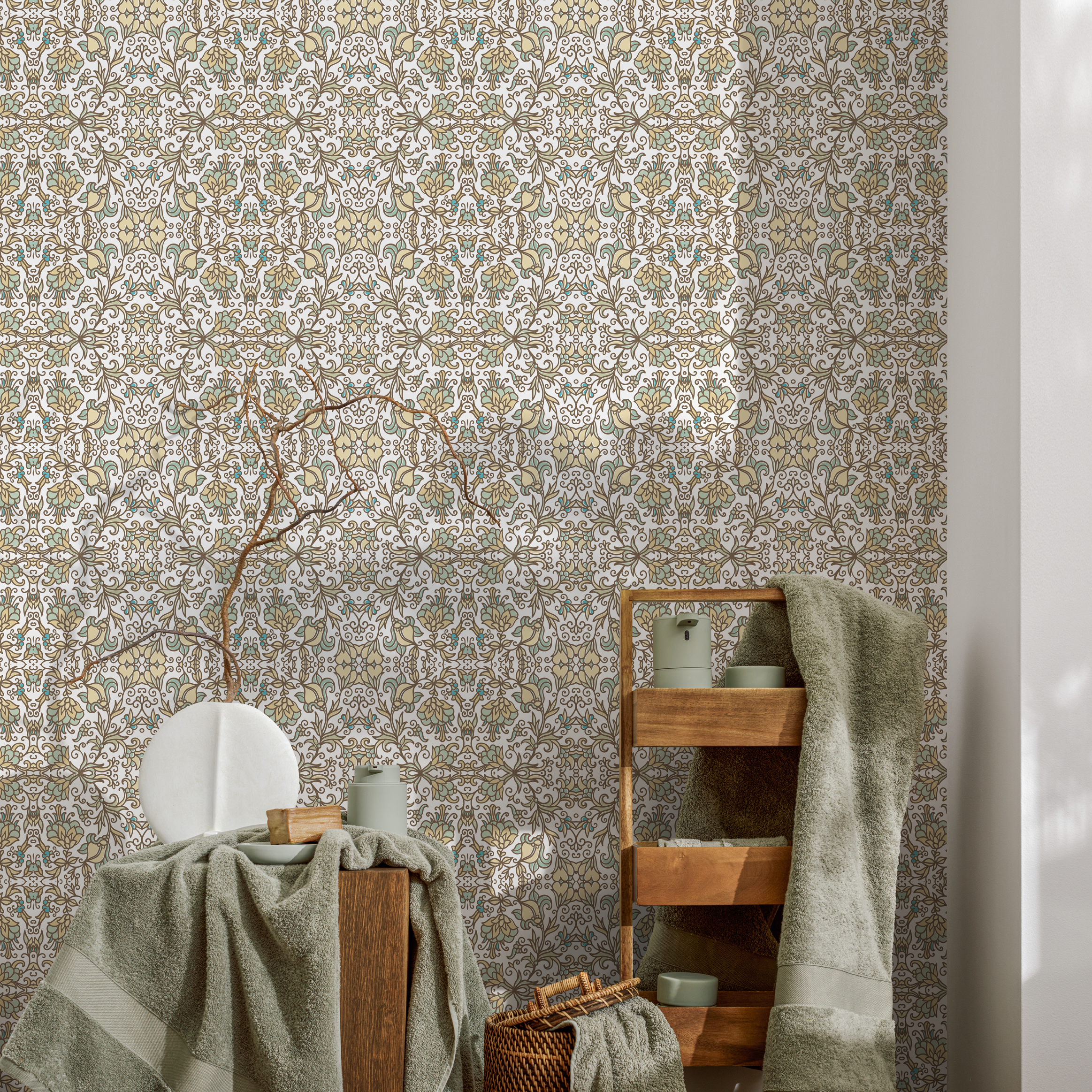 Damask Wallpaper With A Floral Arabesque Motif In Yellow, Green, And Blue - B788