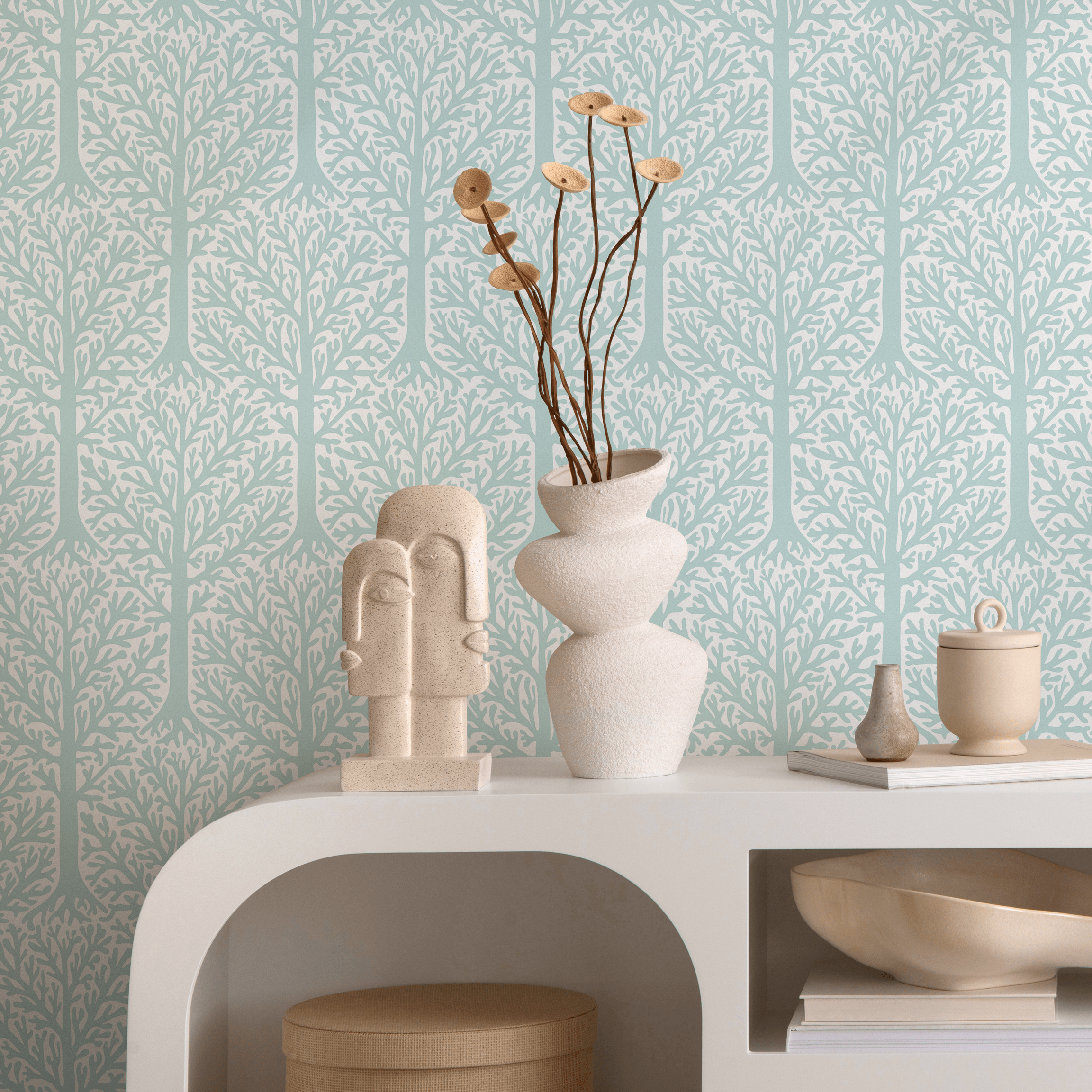Woodland Wallpaper Featuring A Minimalist Forest In Light Blue And White - B790