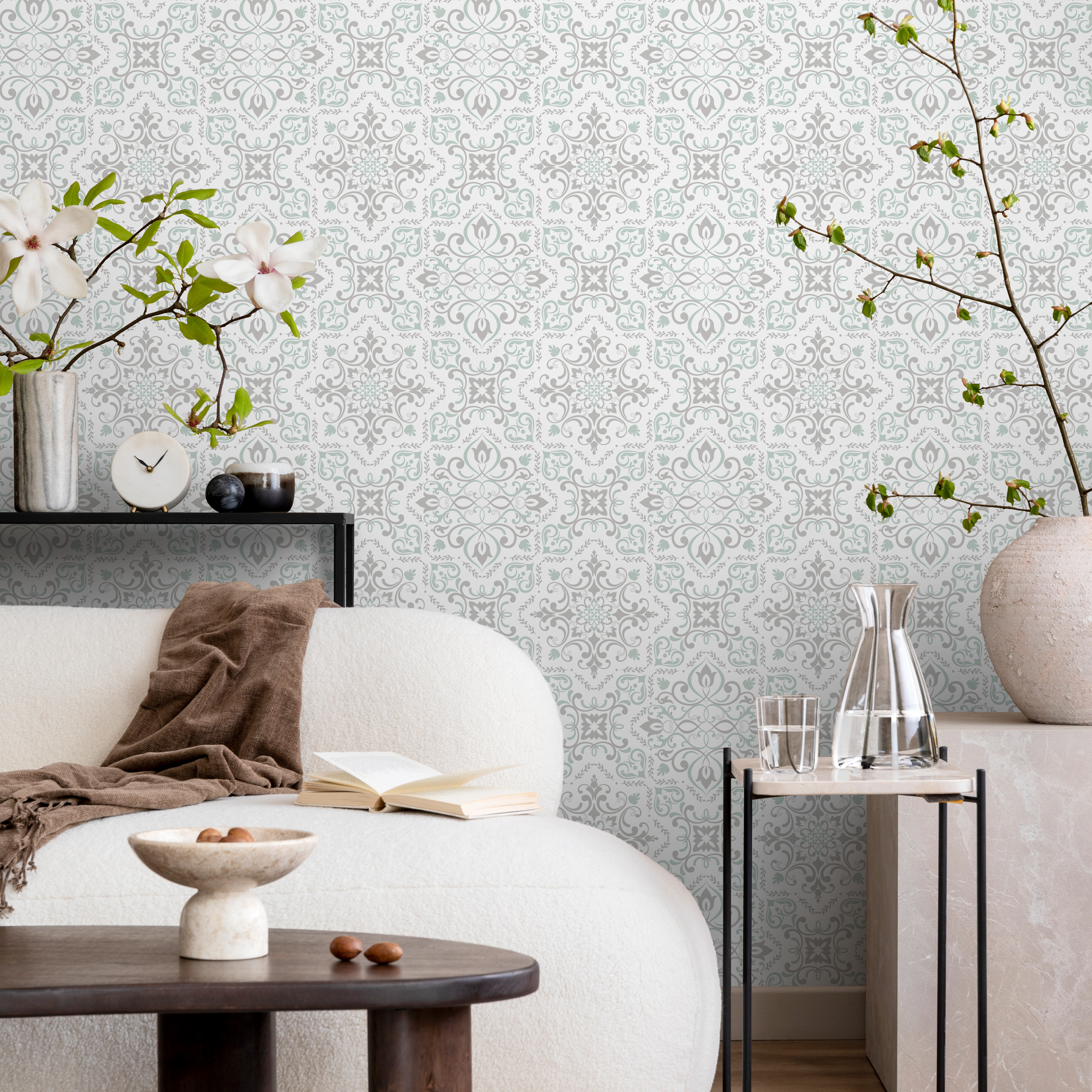 Tile Wallpaper With An Ornate Damask Motif In Sage Green And Gray - B793