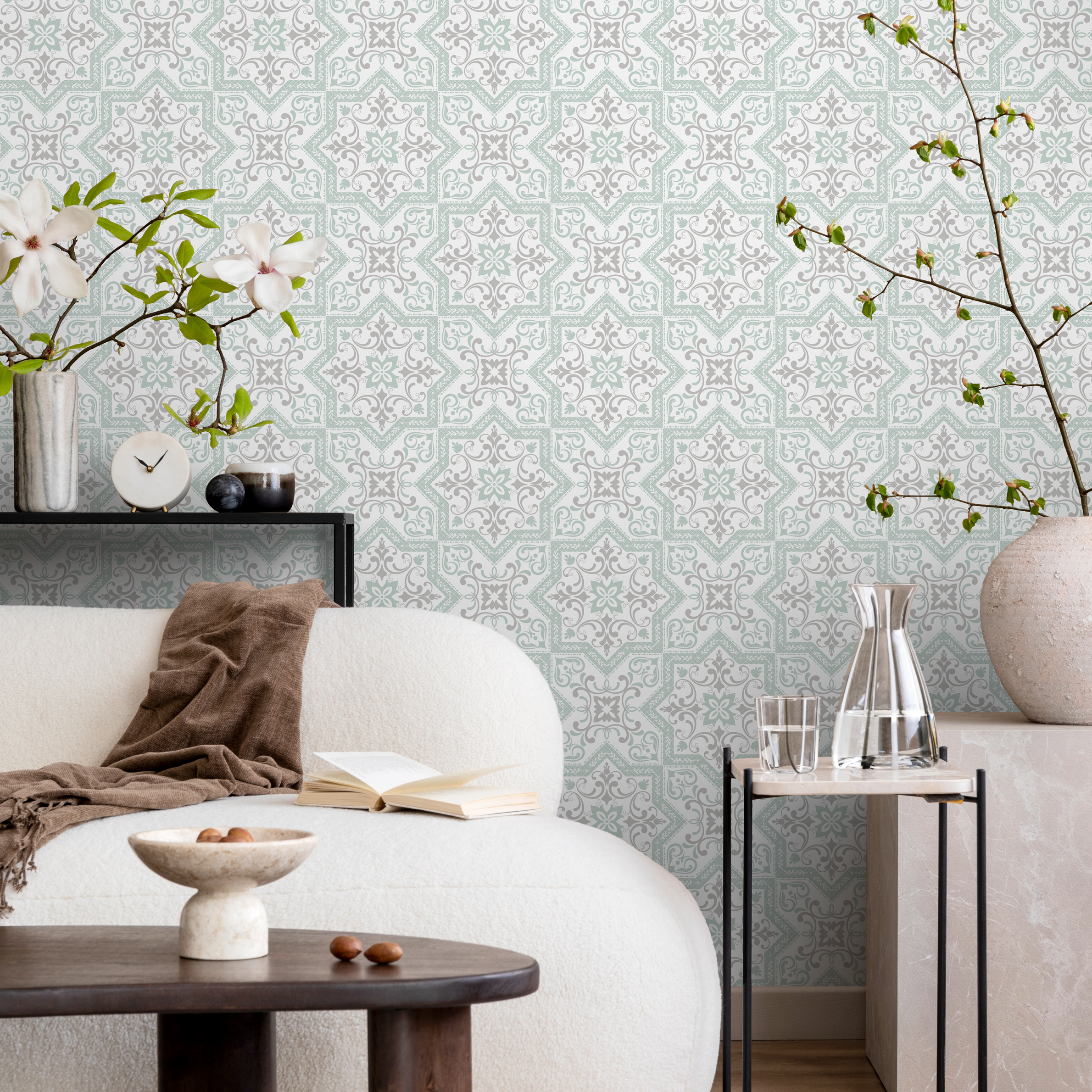 Tile Wallpaper With Ornate Star Motifs In Green And Gray - B794
