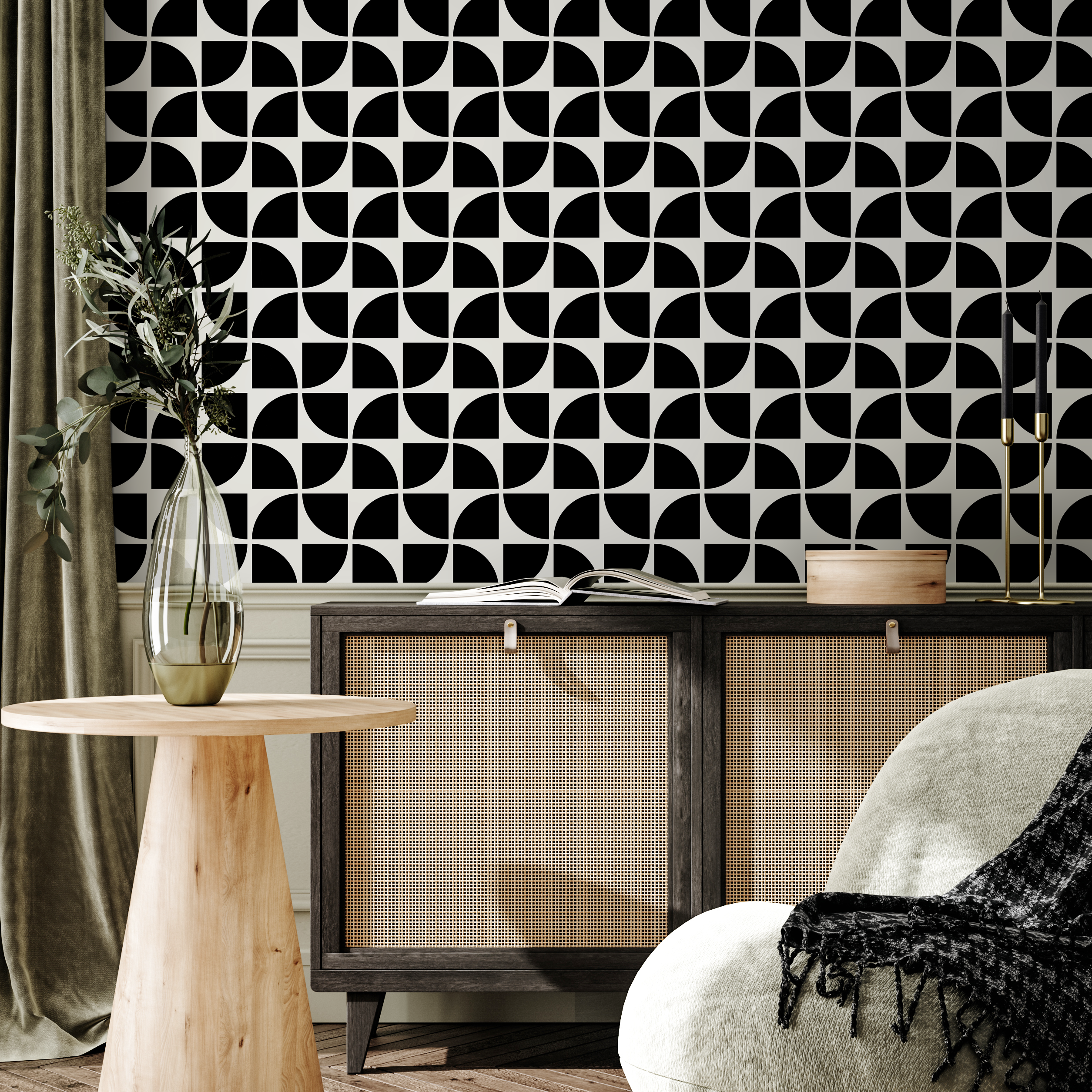 Geometric Wallpaper With A Bold Quarter-circle Motif In Black And White - B795
